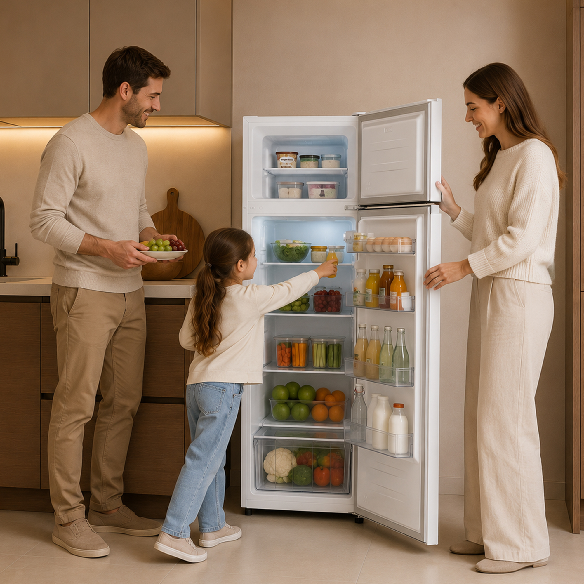 Familie voor open koelkast met fruit en groenten.