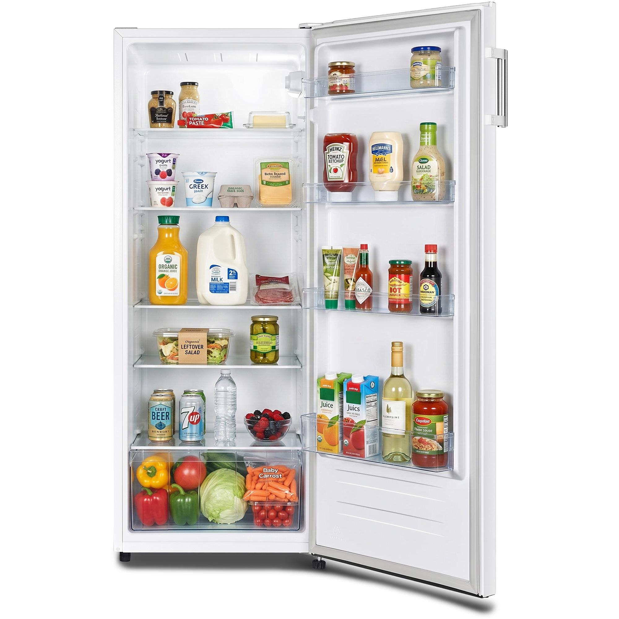 Un réfrigérateur ouvert rempli d'aliments, dont du lait, du jus, des légumes et des sauces.