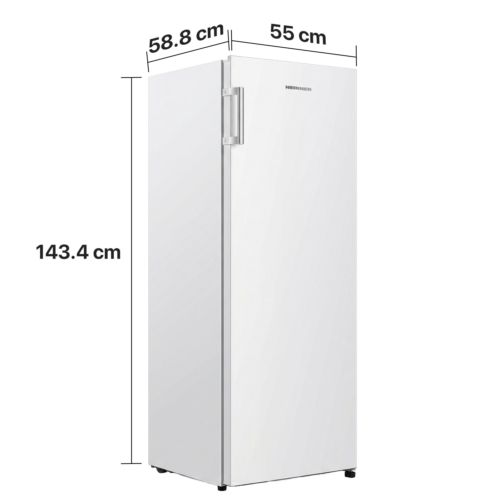 Un réfrigérateur blanc avec des dimensions de 143,4 x 58,8 x 55 cm.