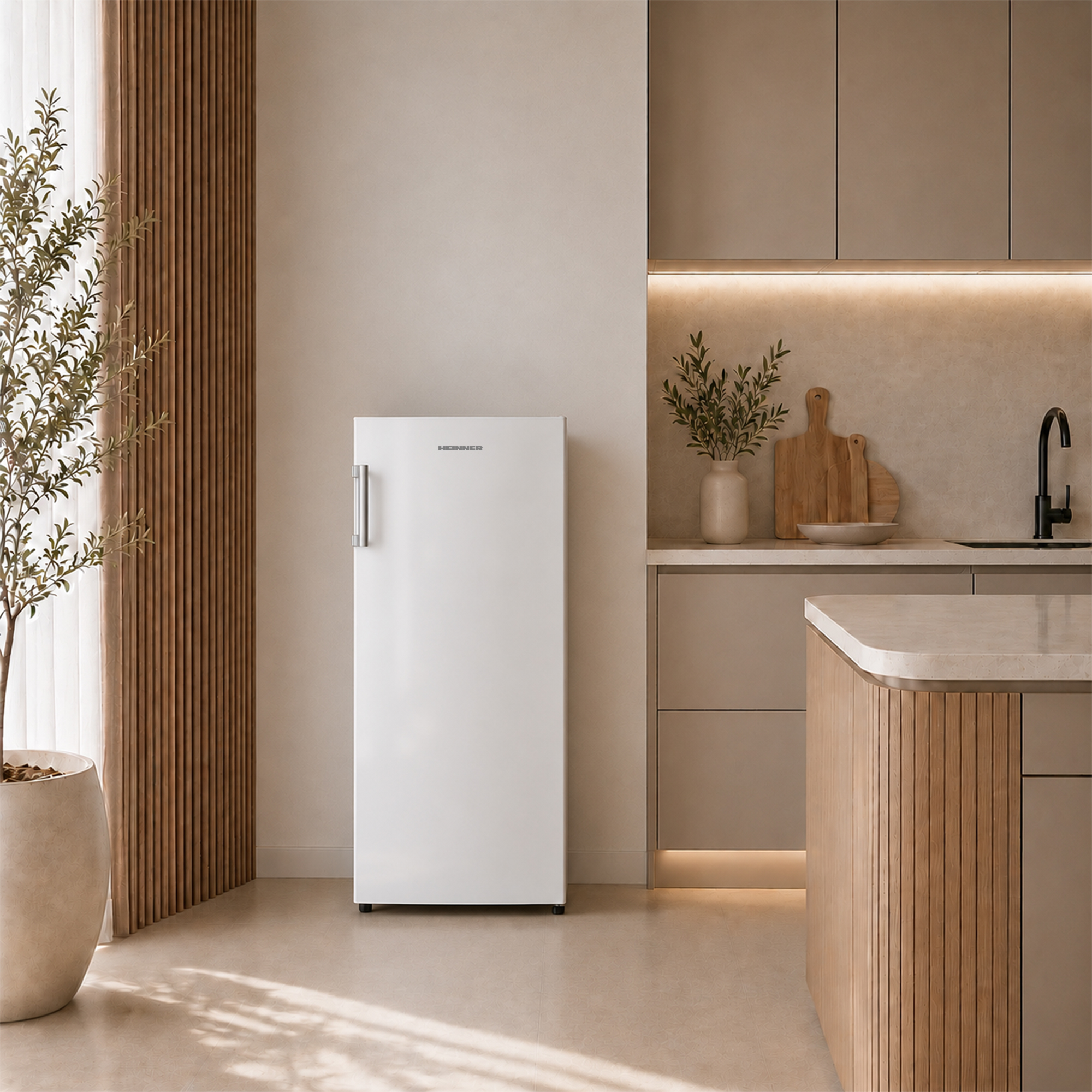 Cuisine moderne avec réfrigérateur blanc, accents de bois et plantes.