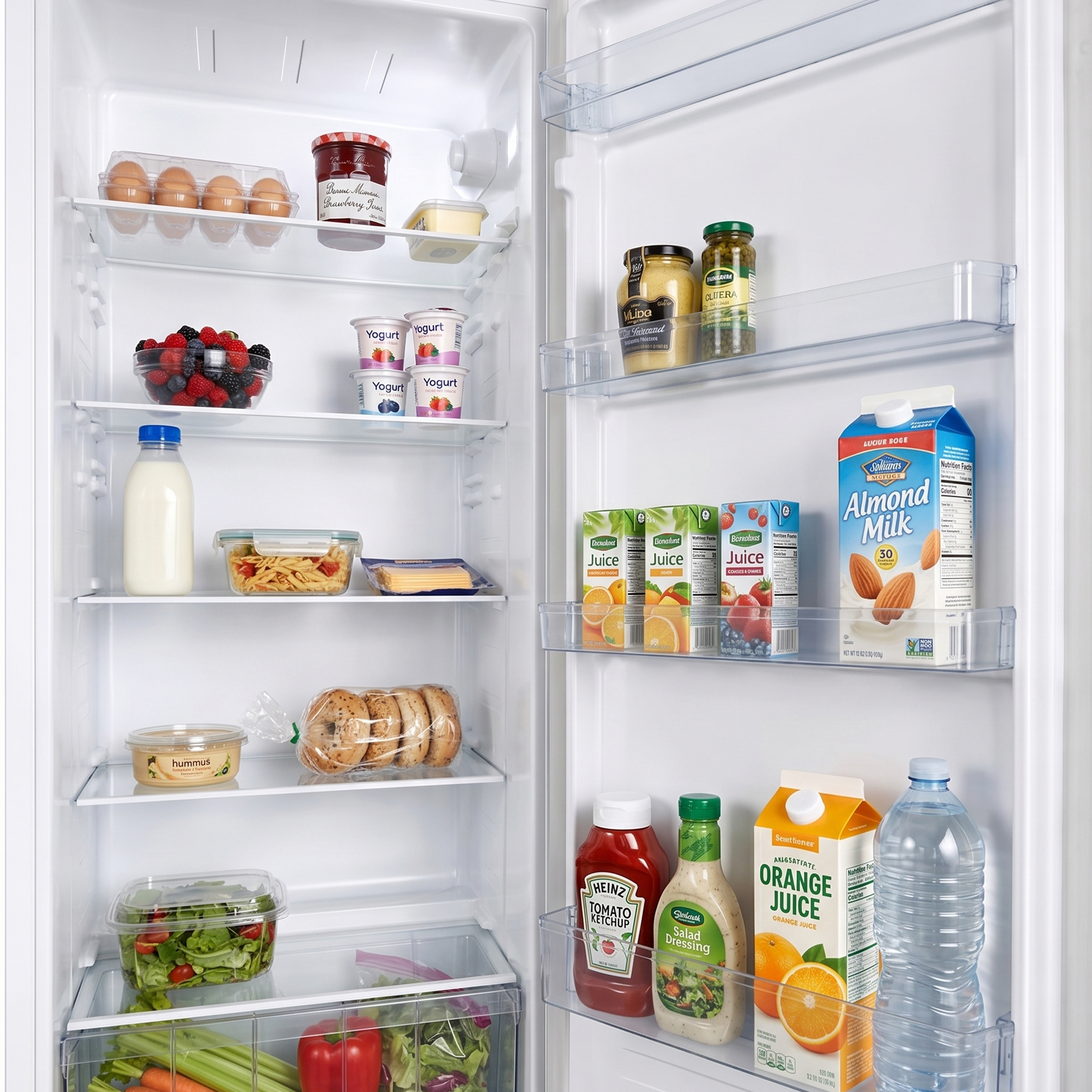Réfrigérateur rempli d'aliments tels que des œufs, des baies, du yaourt, du lait, du jus et des légumes.
