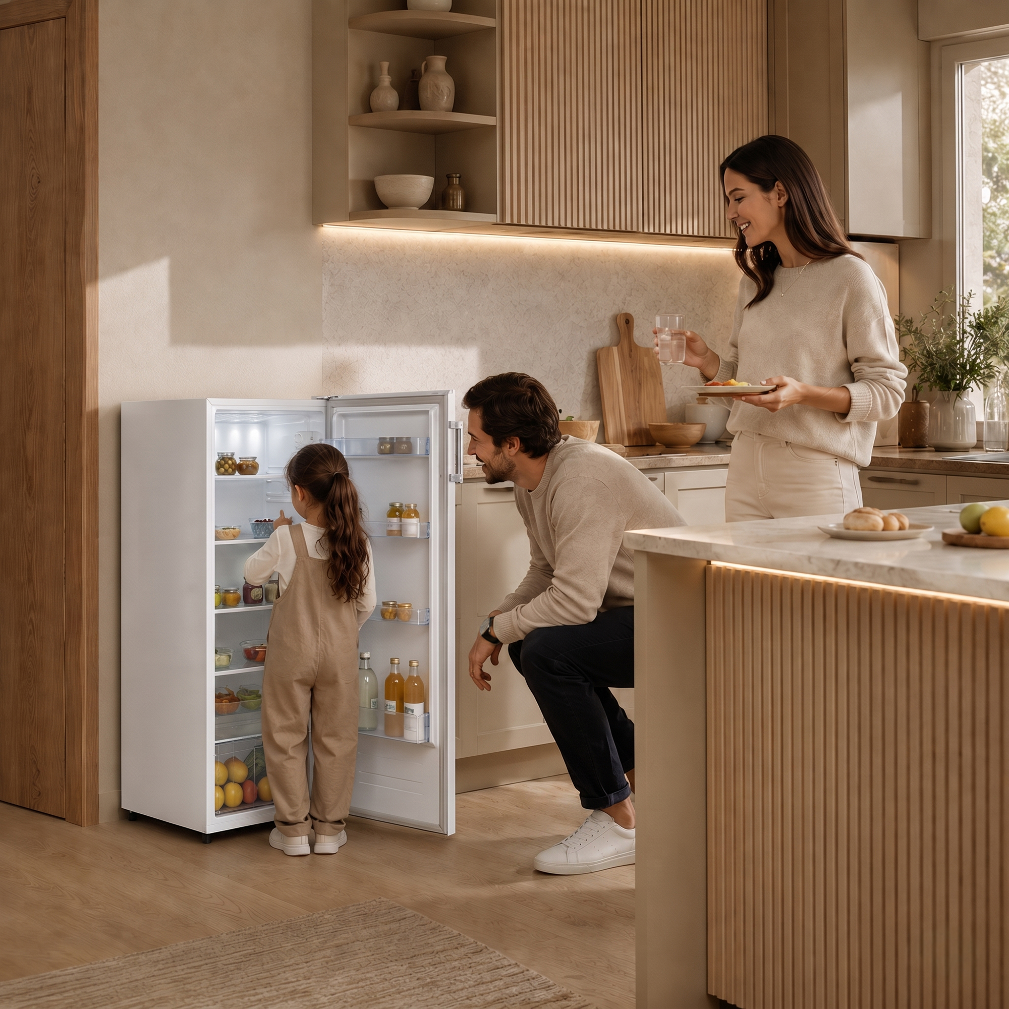 Une famille dans la cuisine, une enfant regarde dans le réfrigérateur ouvert.