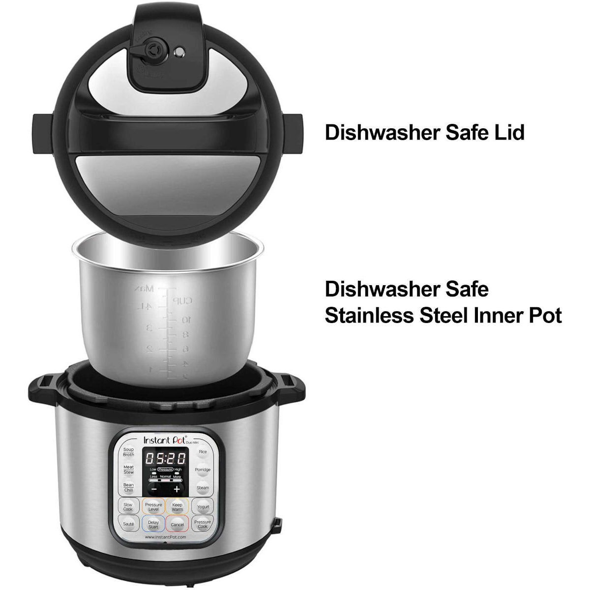 A silver pressure cooker with its lid and stainless steel inner pot open.