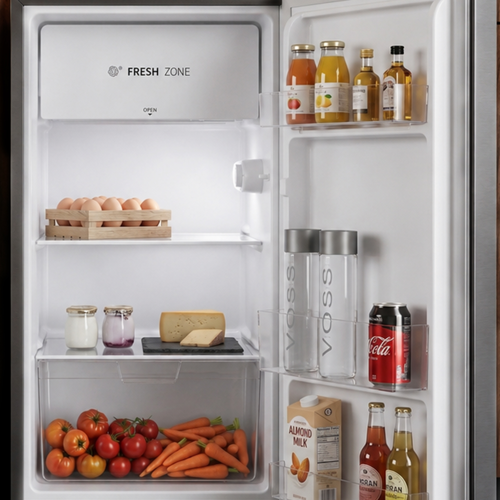 Réfrigérateur ouvert avec œufs, fromage, légumes et boissons.