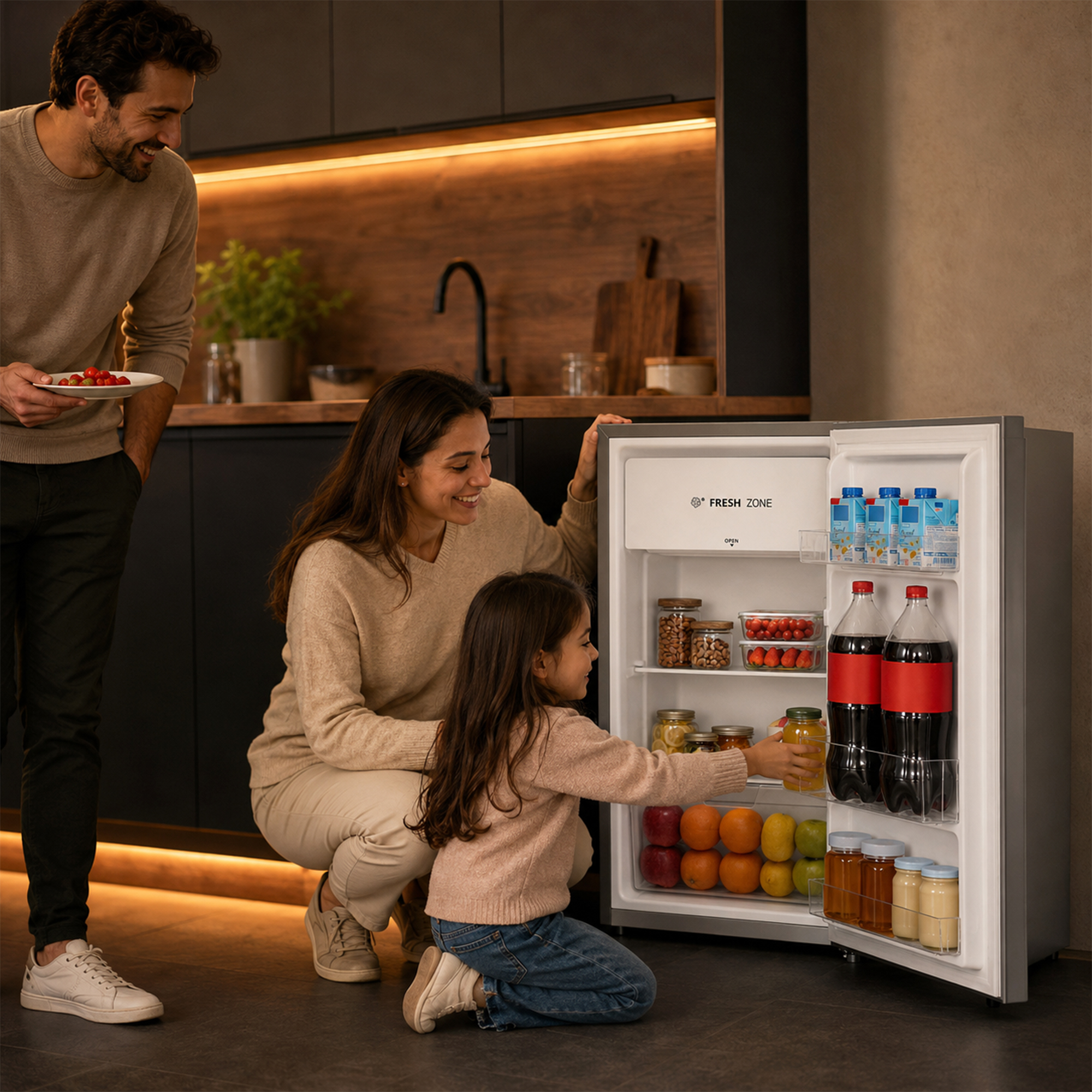 Famille dans cuisine, fille prend jus du frigo rempli d'aliments.