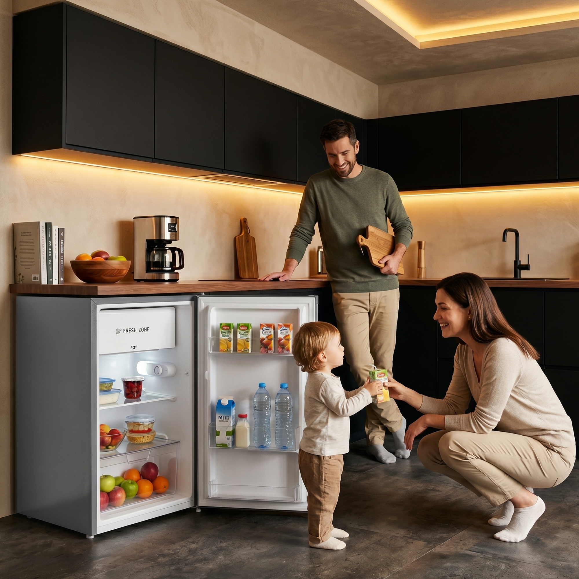 Une famille dans une cuisine avec un réfrigérateur ouvert. Un enfant prend du jus.