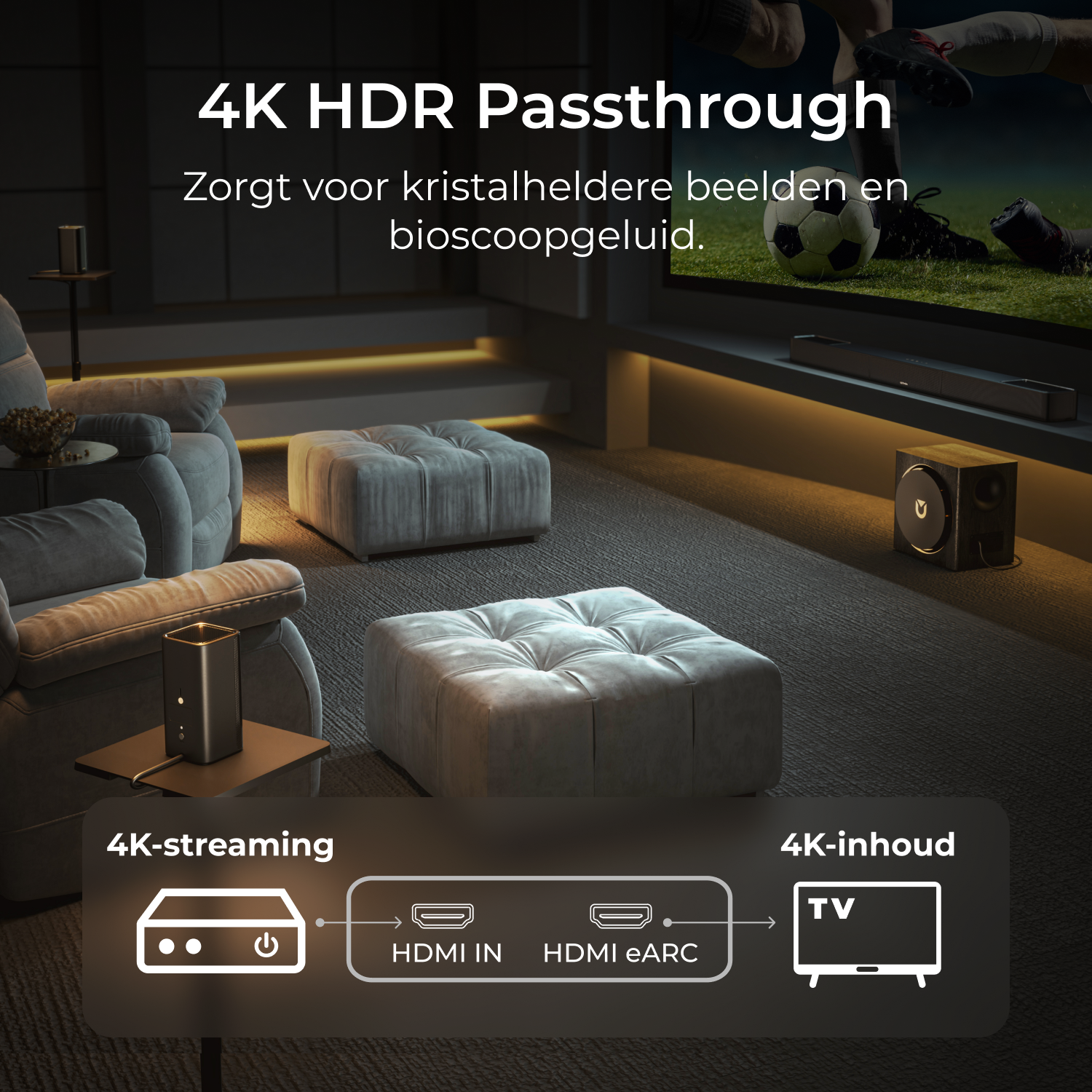 Home cinéma avec 4K HDR Passthrough : du streamer via HDMI IN à HDMI eARC et TV.