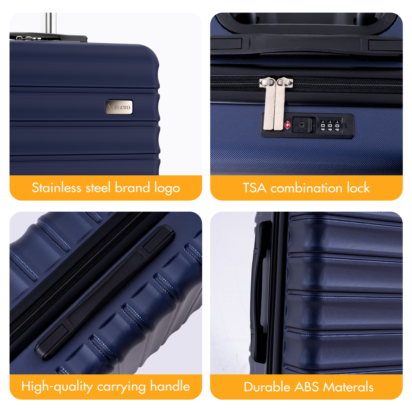Dark blue suitcase details: logo, lock, handle, material.