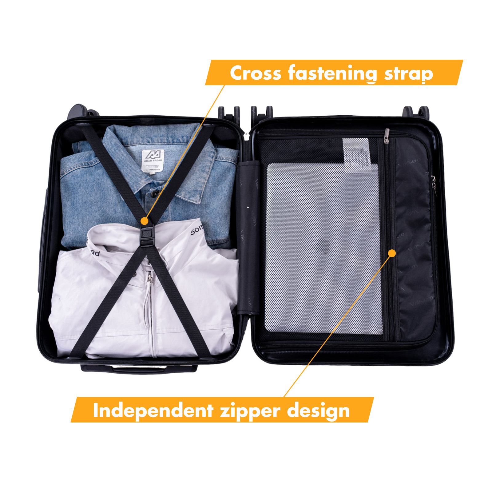 Open black suitcase with clothes and a laptop compartment.