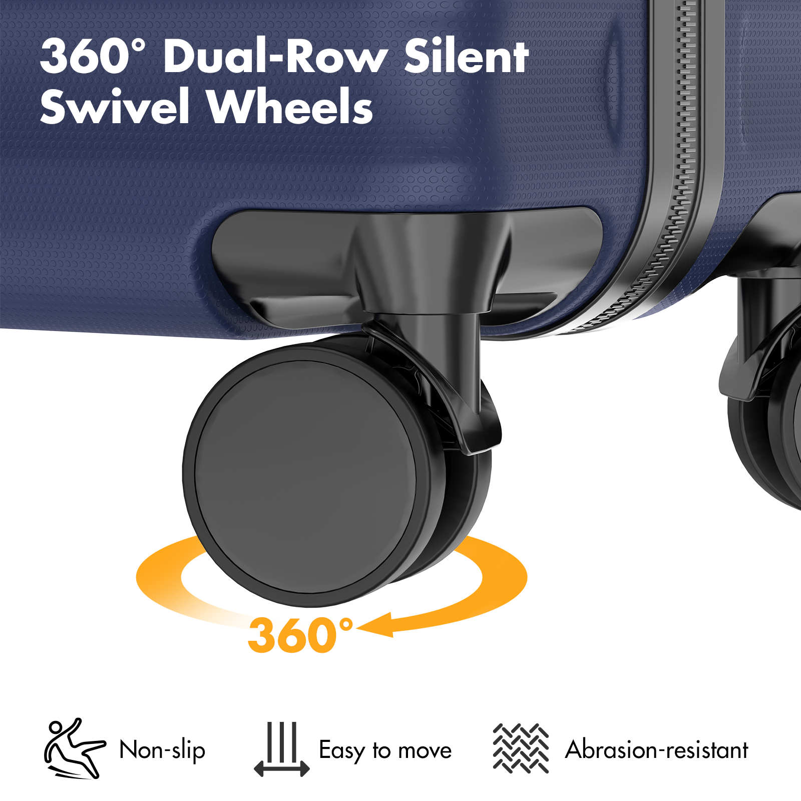 Dark blue luggage with black 360-degree dual-row swivel wheels and zipper.