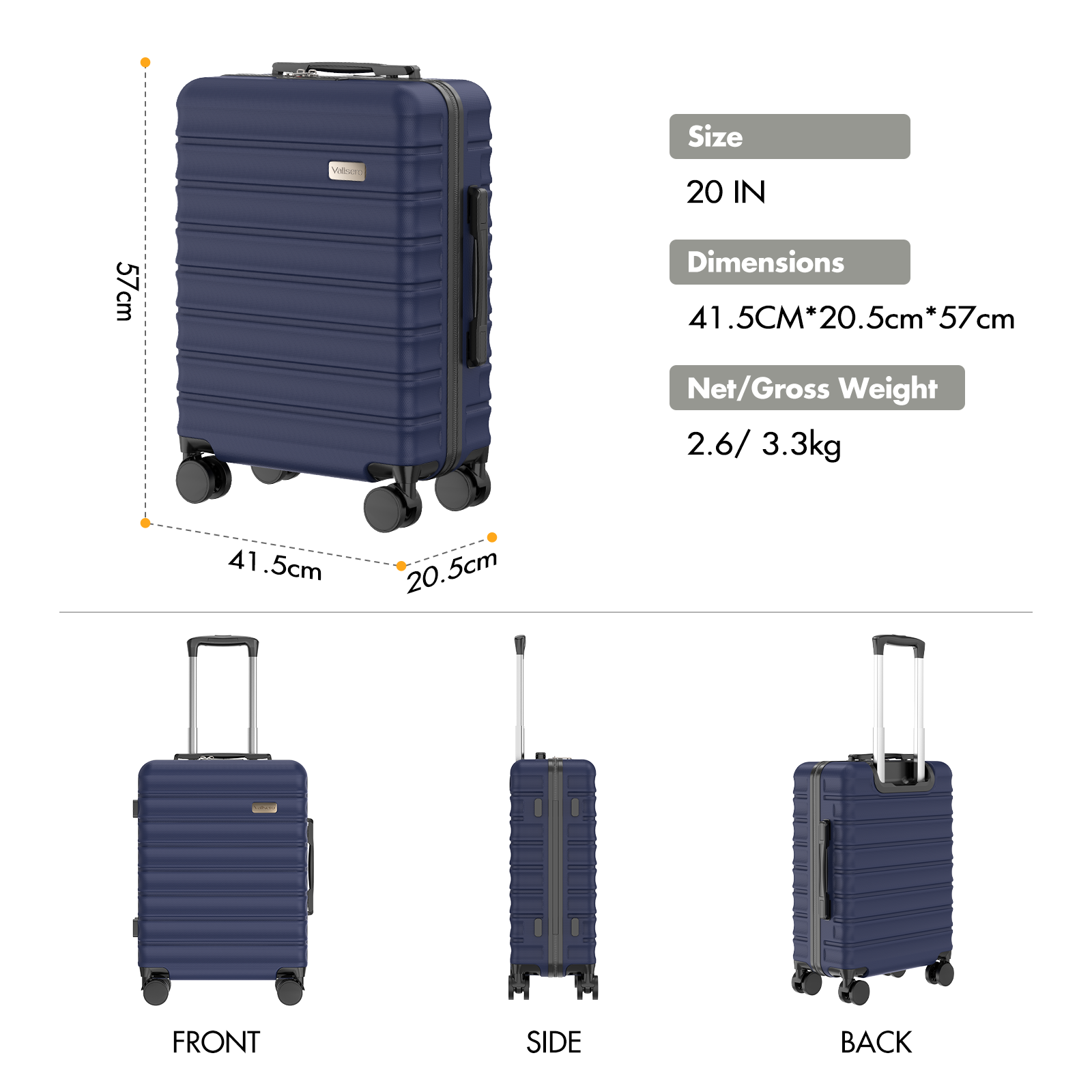 Three views of a navy blue rolling suitcase with wheels and retractable handle.