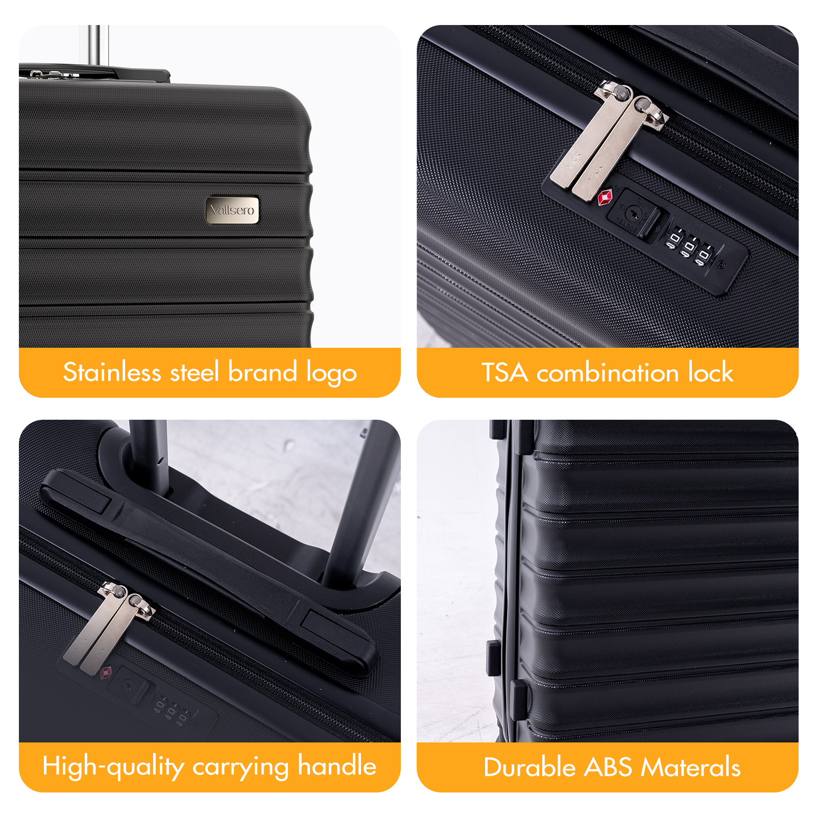 A black suitcase featuring a silver logo, TSA lock, handle, and ABS material.