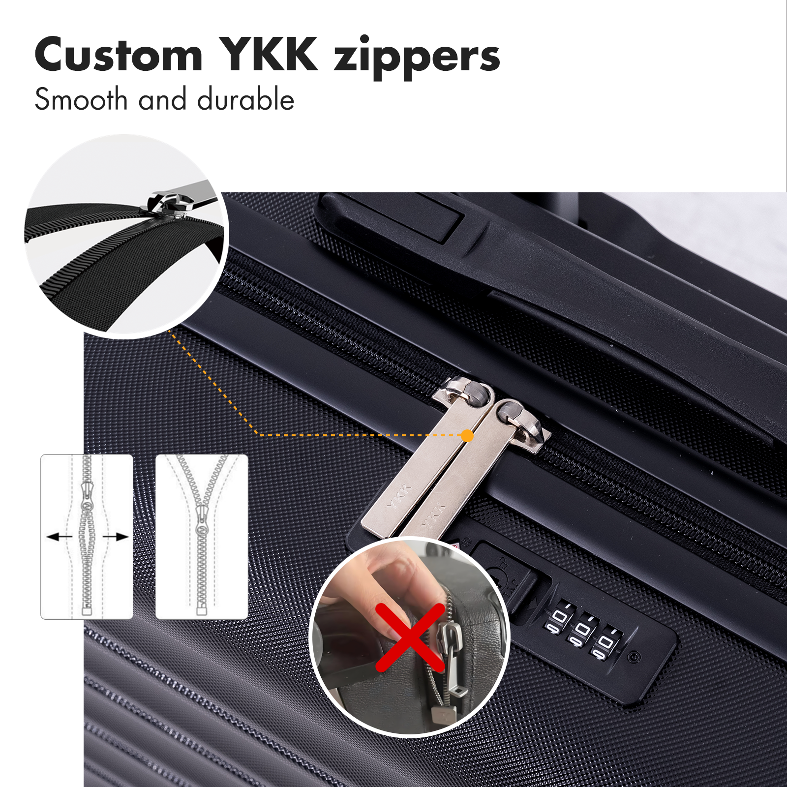 Close-up of a black suitcase featuring a YKK zipper and combination lock.