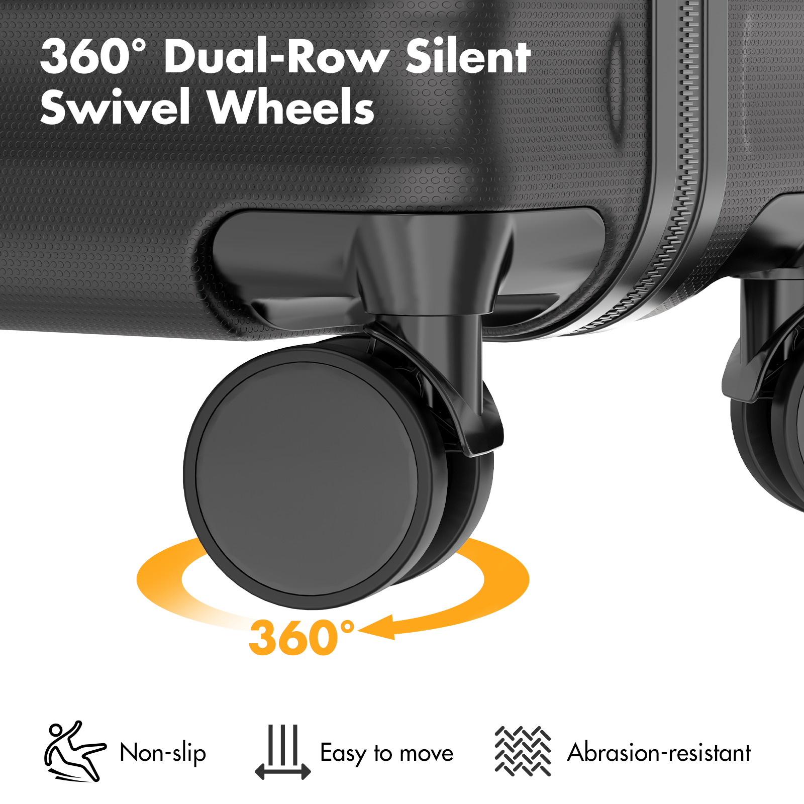 Black suitcase with 360-degree dual-row swivel wheels.