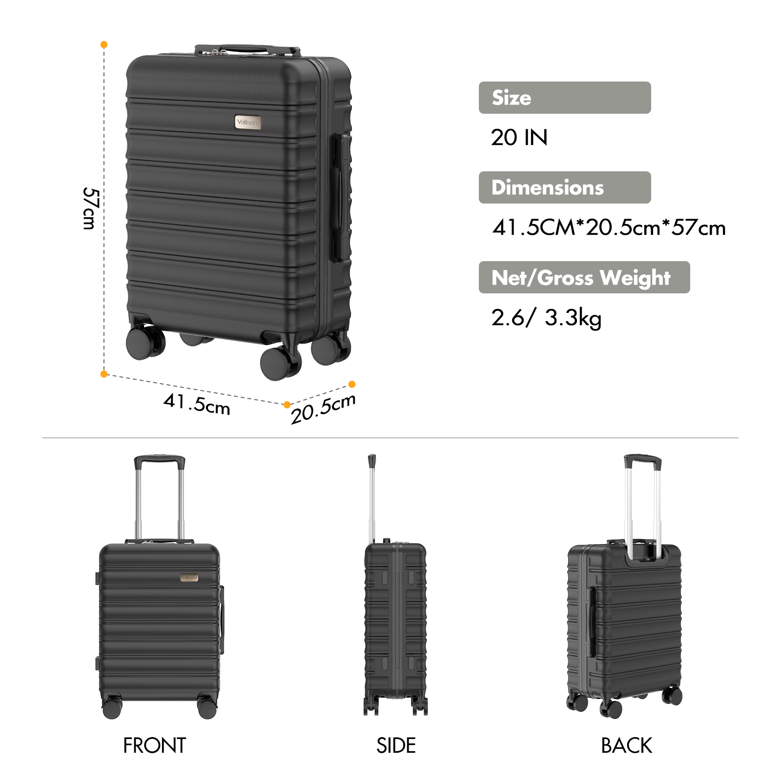 Black suitcase with retractable handle and wheels, dimensions 41.5x20.5x57cm.