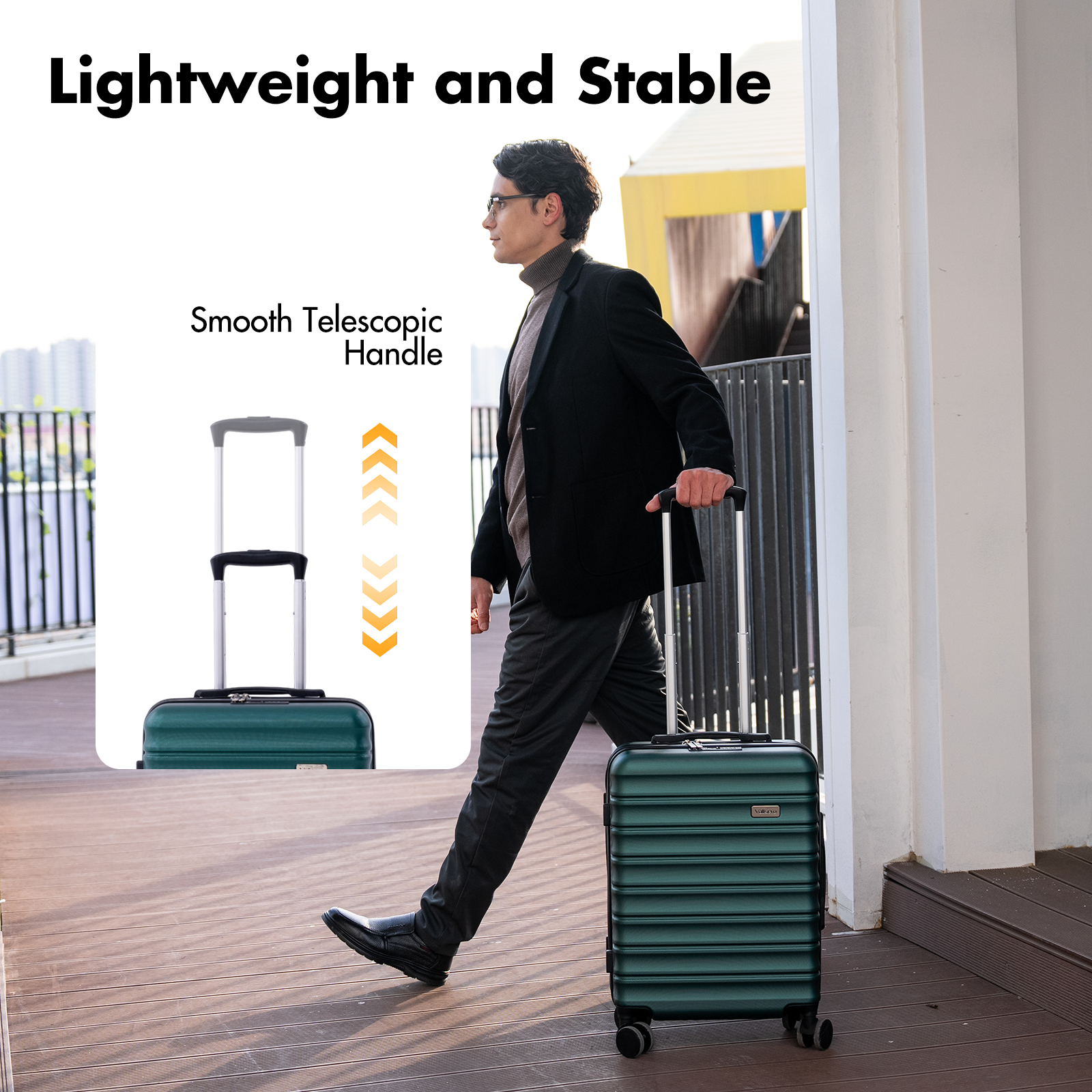 A man with a green suitcase pulls it across a wooden floor.