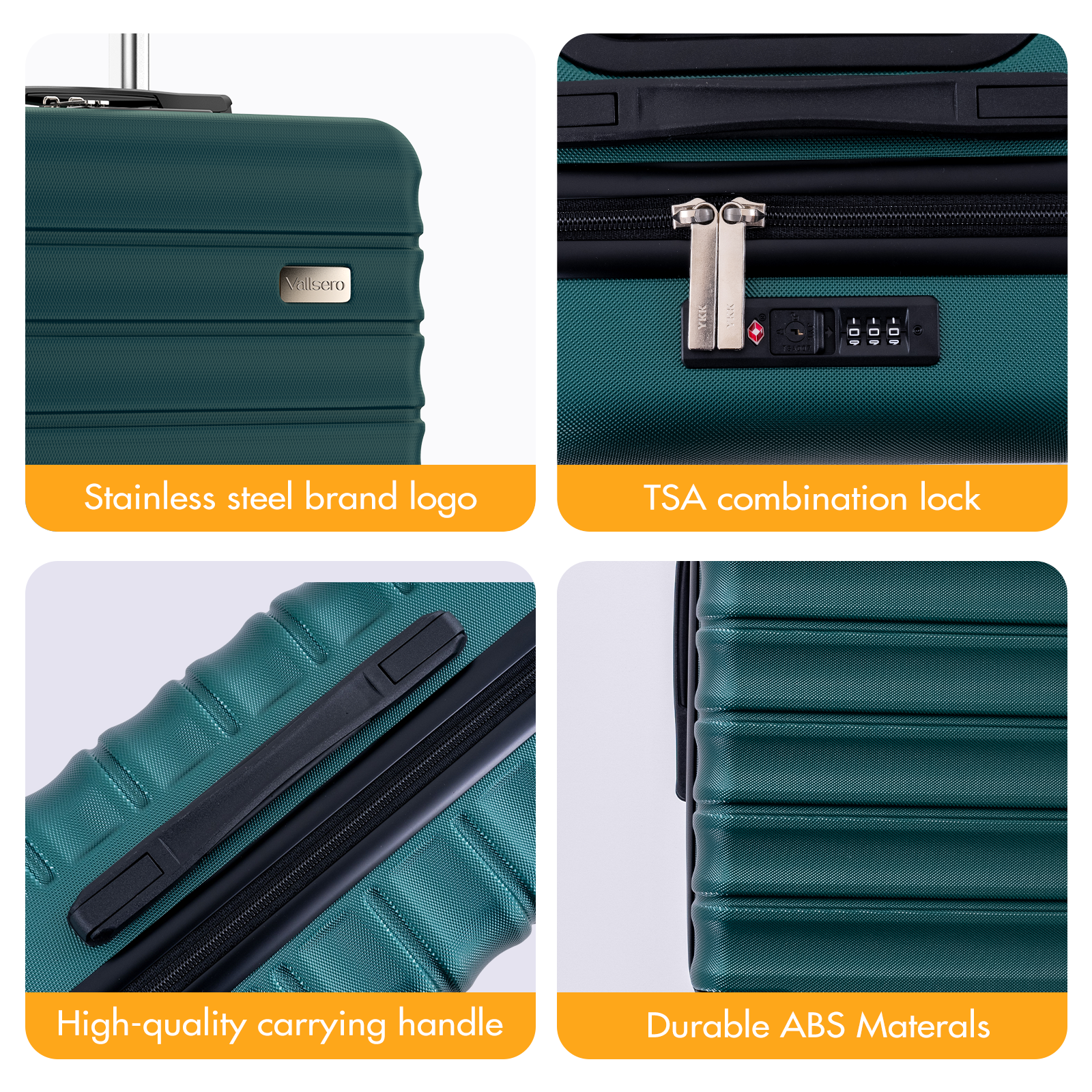 Dark green suitcase details: logo, lock, handle, and material.