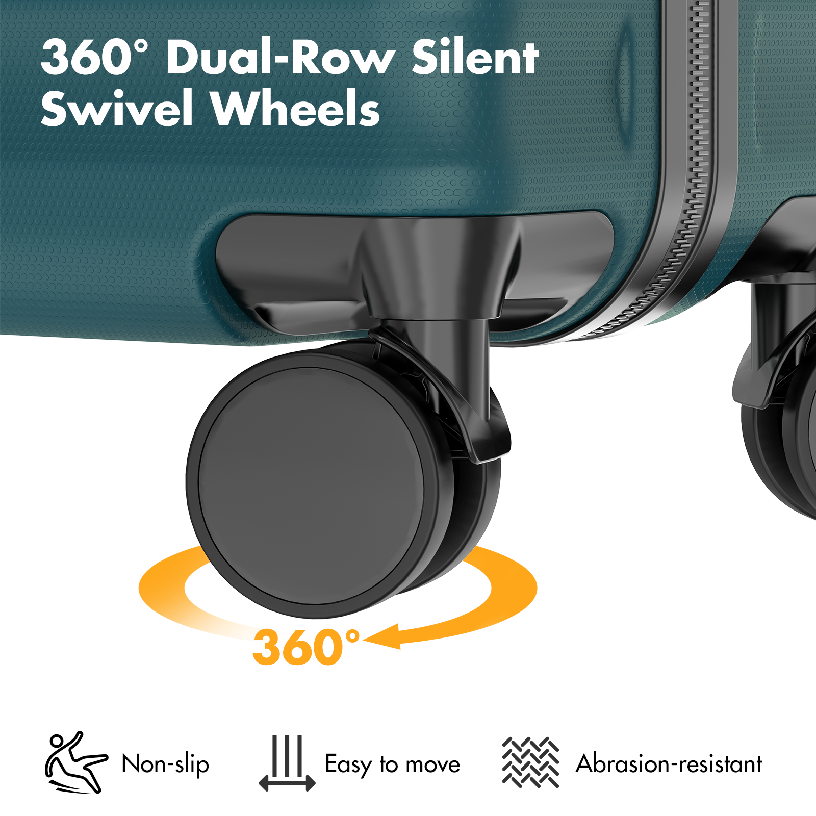 Close up of dark teal suitcase wheels with 360-degree swivel.