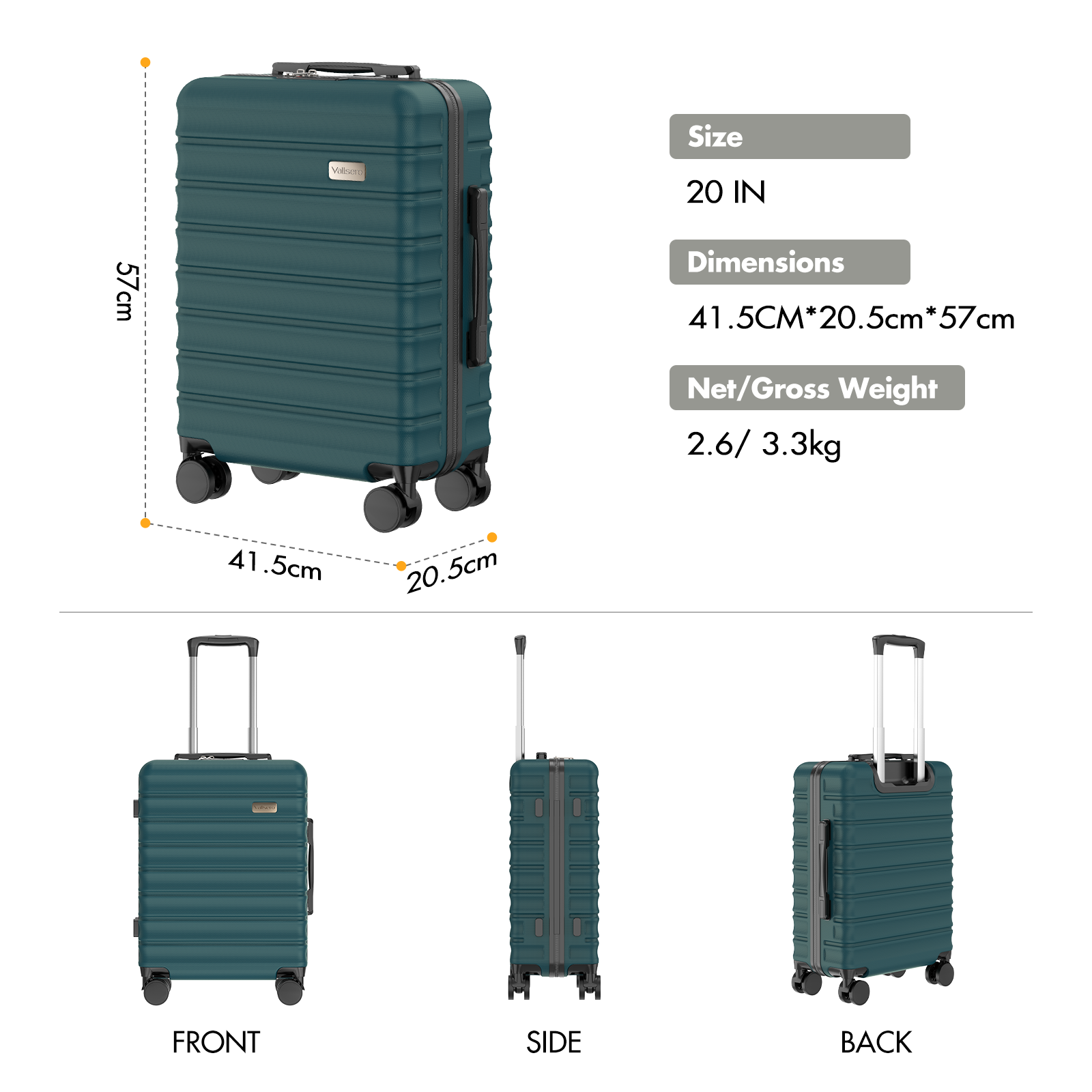 A teal suitcase with wheels and a retractable handle.