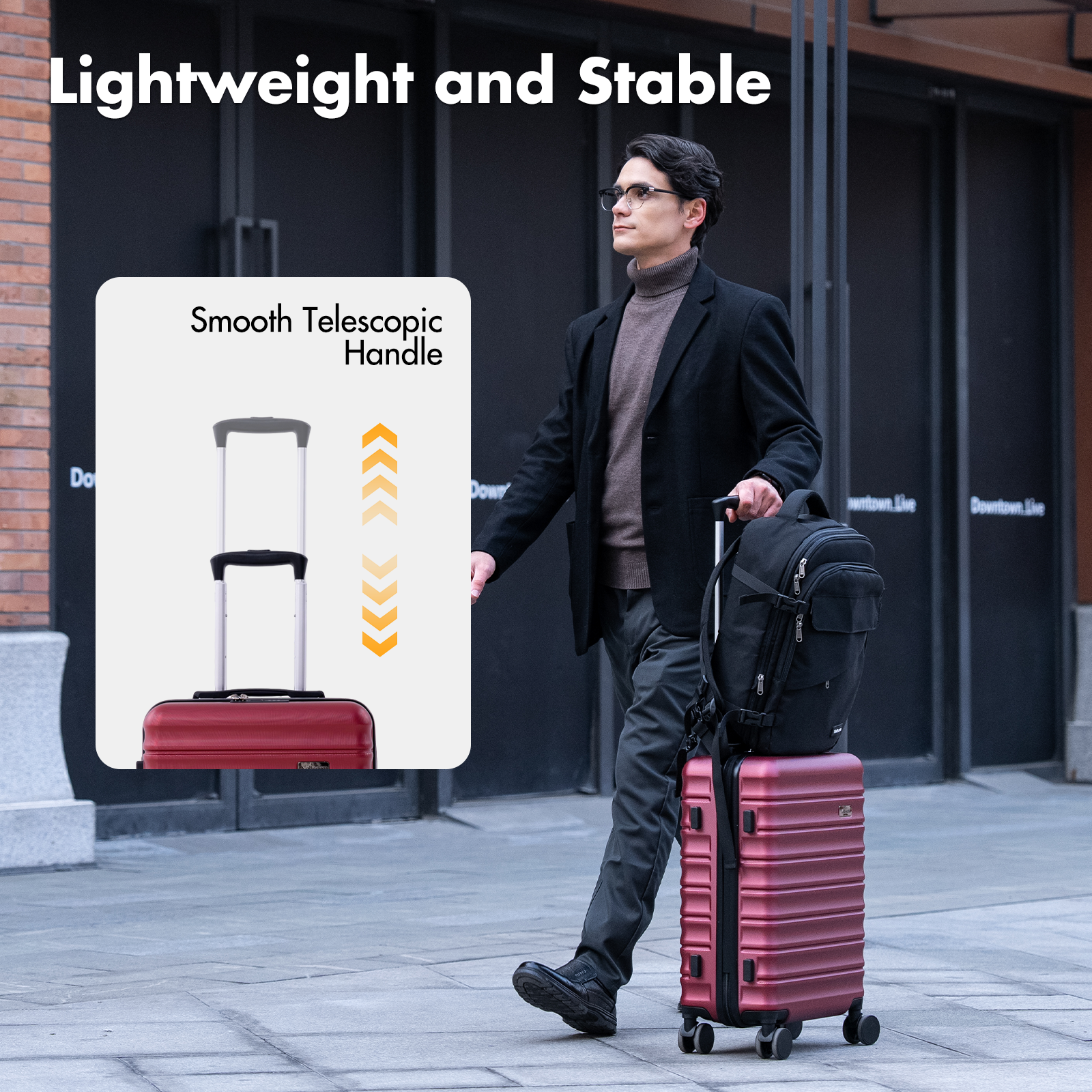 Man with red suitcase and black backpack walking on sidewalk.