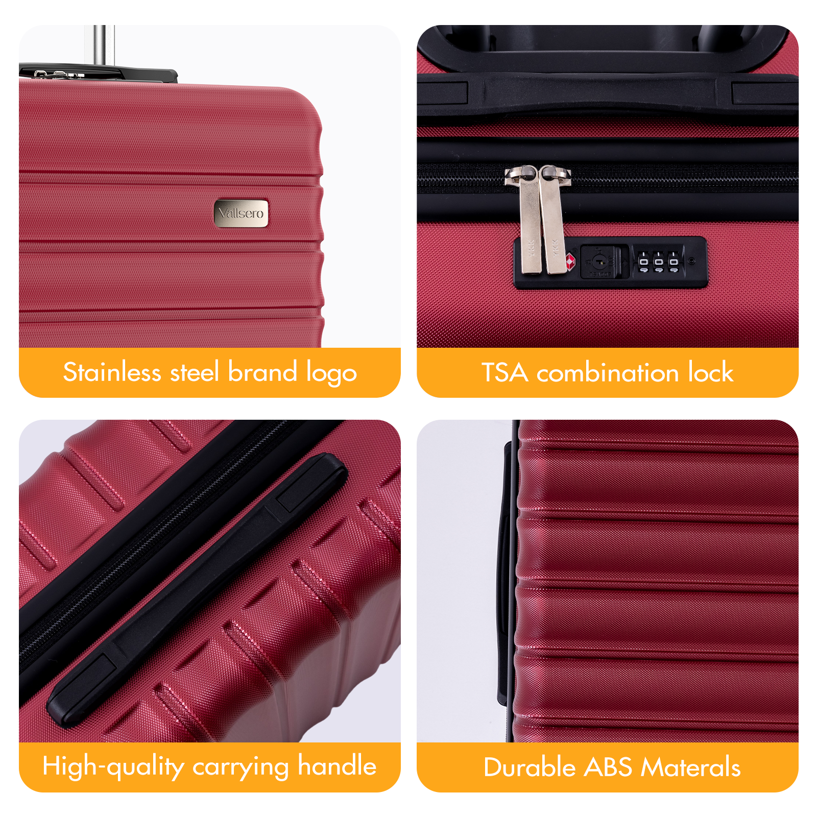 Red suitcase with silver logo, lock, handle, and textured surface.