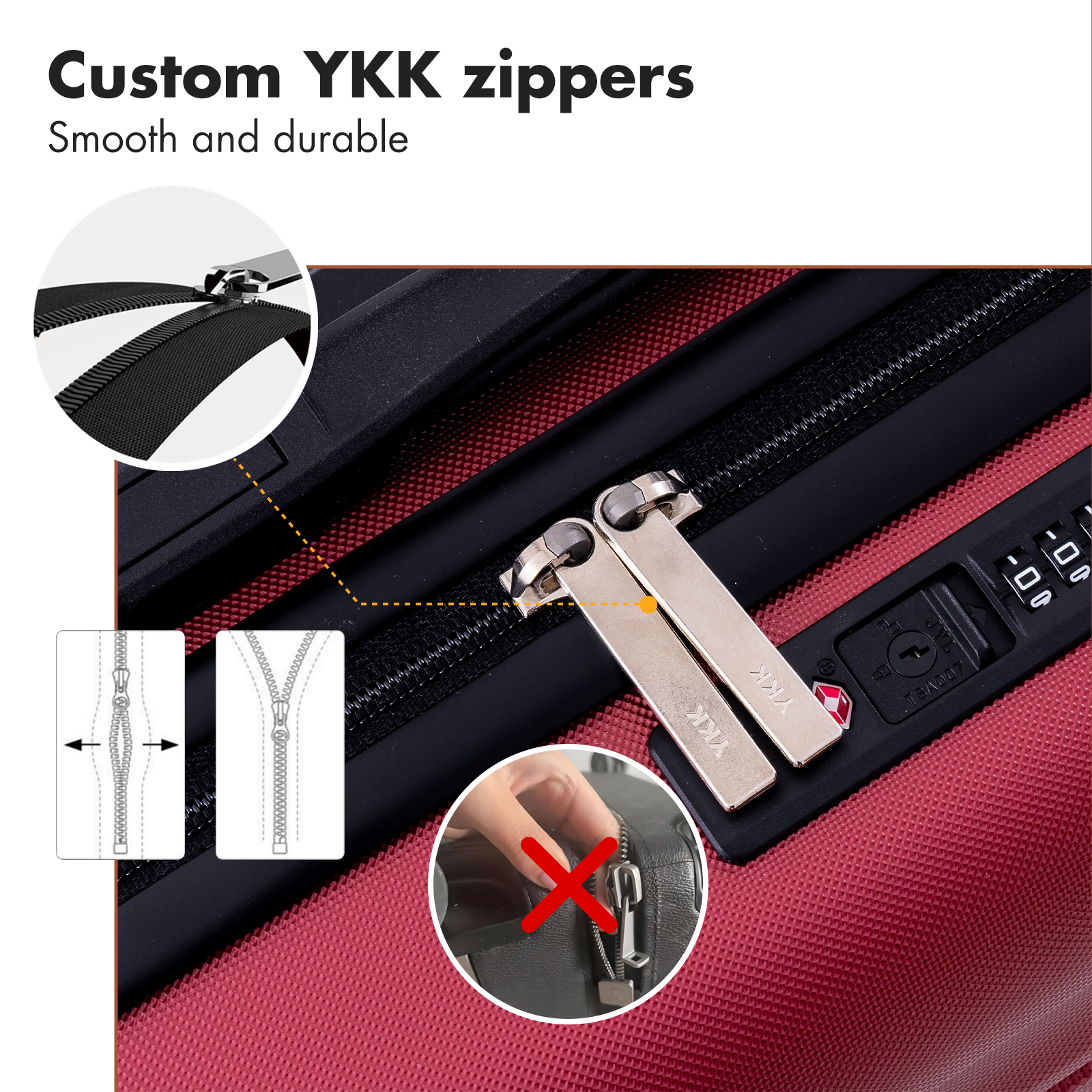 Luggage with YKK zippers, TSA lock, and close-up views of zipper details.