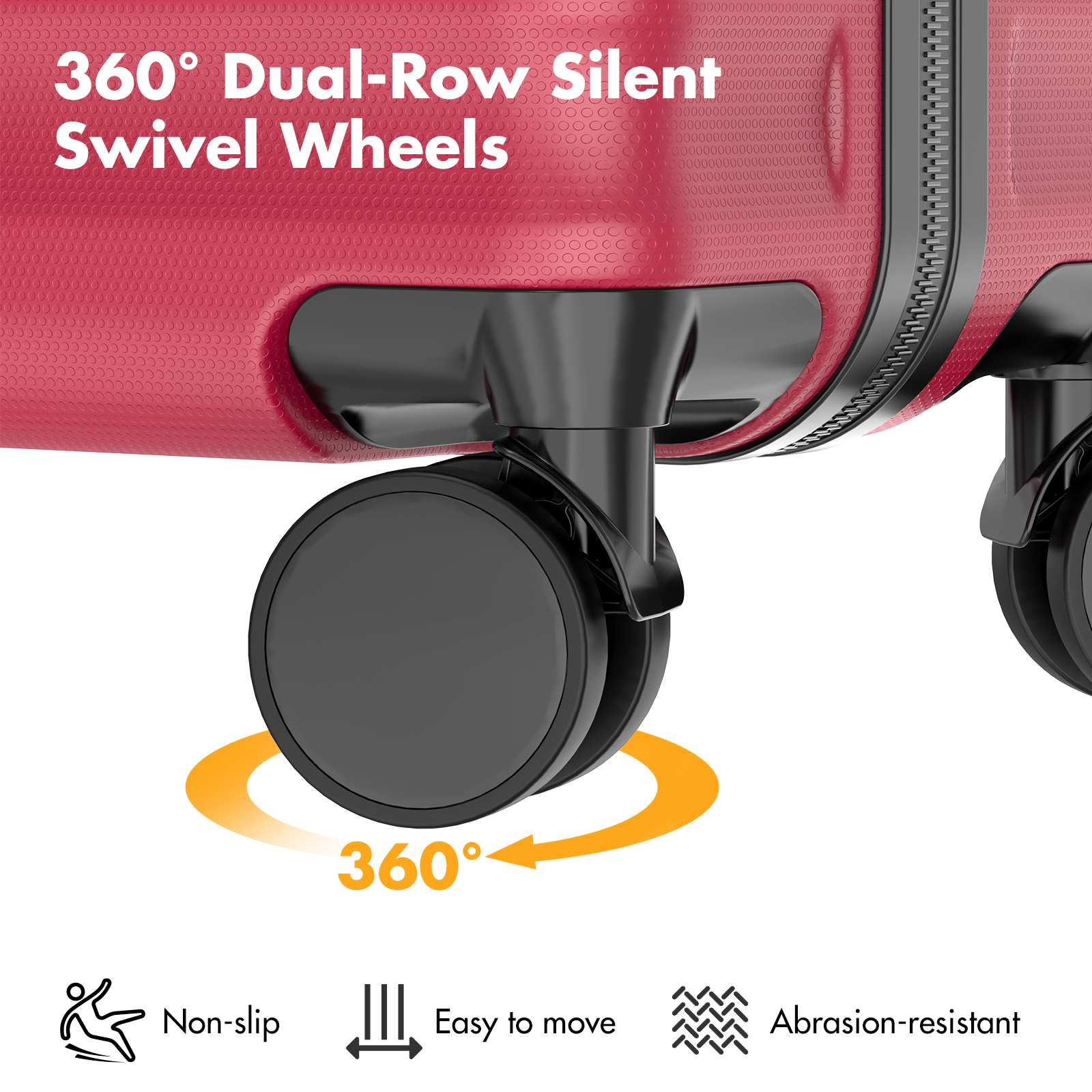 Red suitcase with black 360-degree dual-row swivel wheels and zipper.
