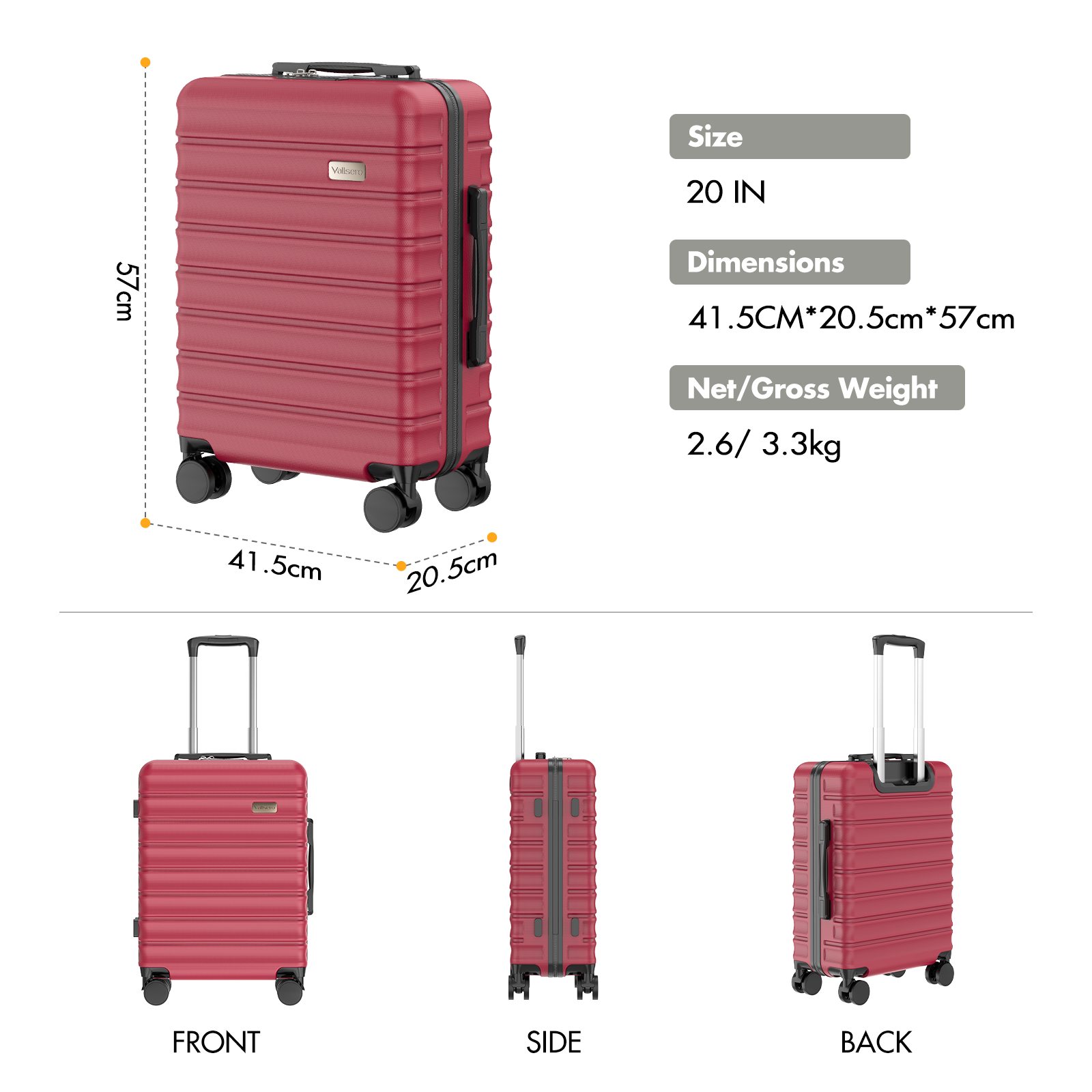 Red suitcase with wheels, 41.5x20.5x57 cm, 20 inches, 2.6/3.3 kg.