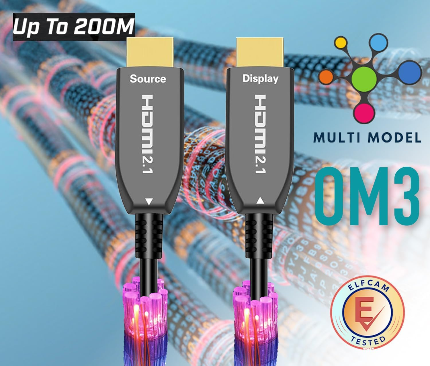 Zwei HDMI 2.1 OM3-Kabel mit goldenen Anschlüssen, bis zu 200M.