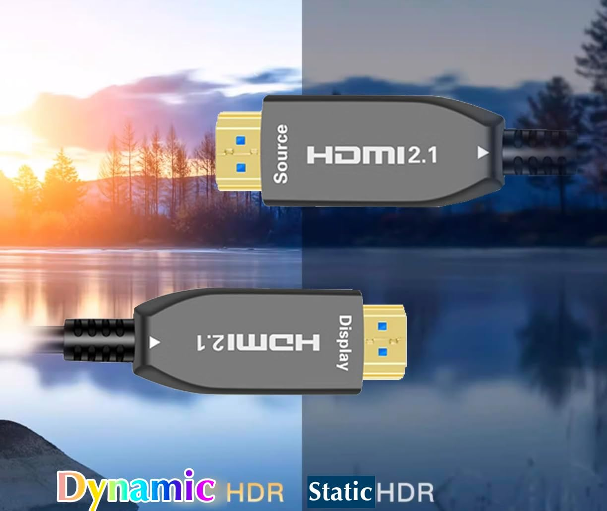 HDMI 2.1 Kabel mit Quelle und Anzeige, vor Landschaftshintergründen.