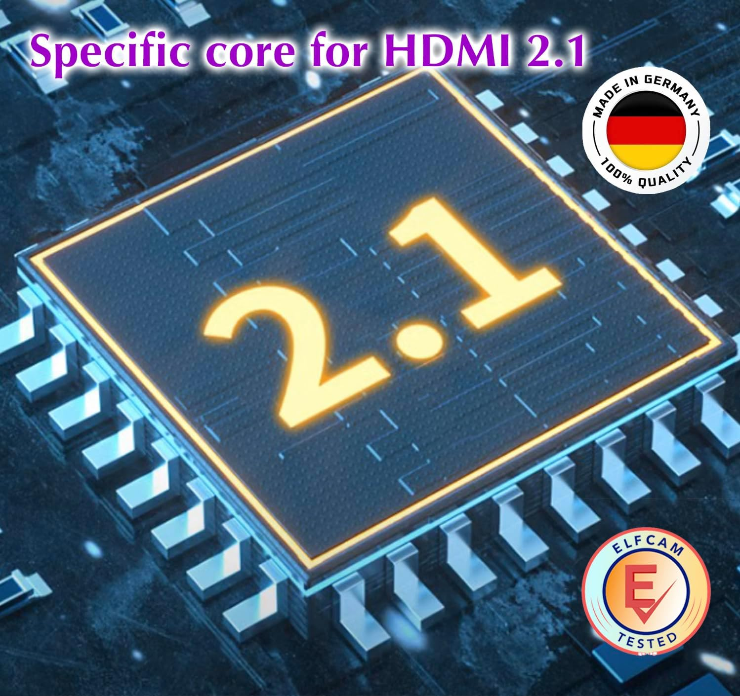 Nahaufnahme einer Platine mit "2.1" in Gelb. Text: Spezifischer Kern für HDMI 2.1.