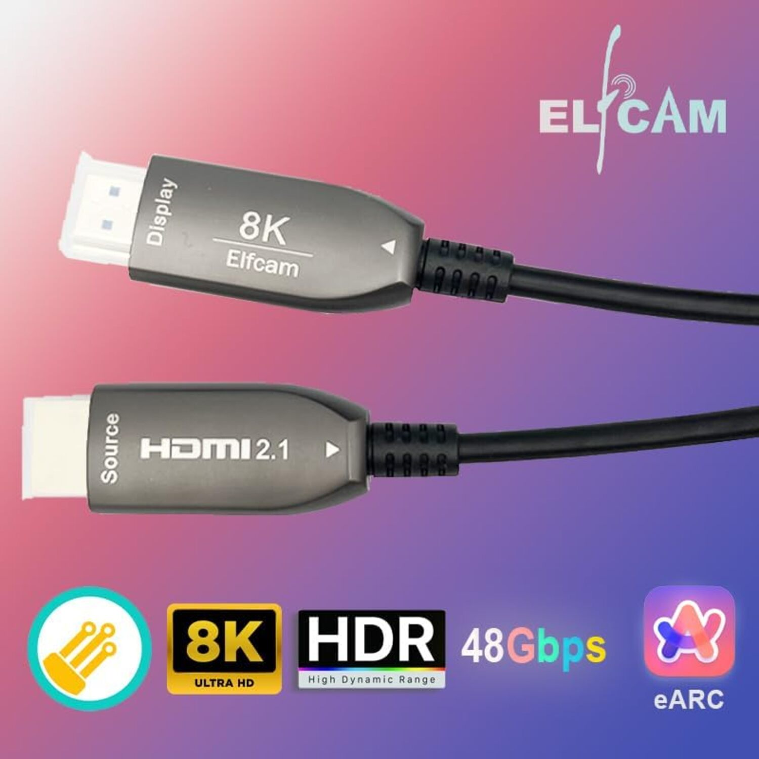 Zwei HDMI 2.1 Kabel mit 8K- und HDR-Unterstützung auf lila-pinkem Hintergrund.