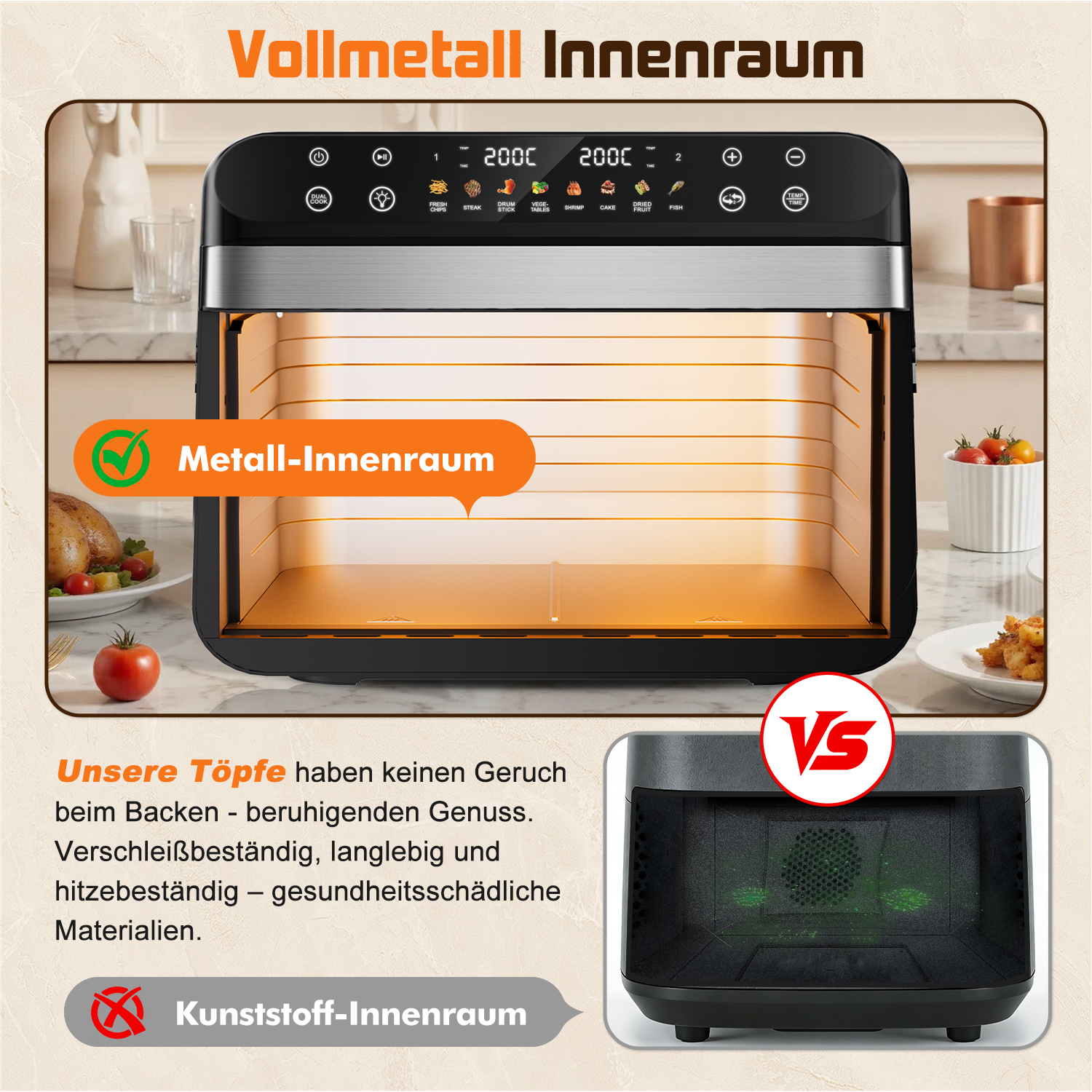 Ein moderner Metall-Innenraum-Ofen mit Touchscreen-Bedienfeld und Kochprogrammen.