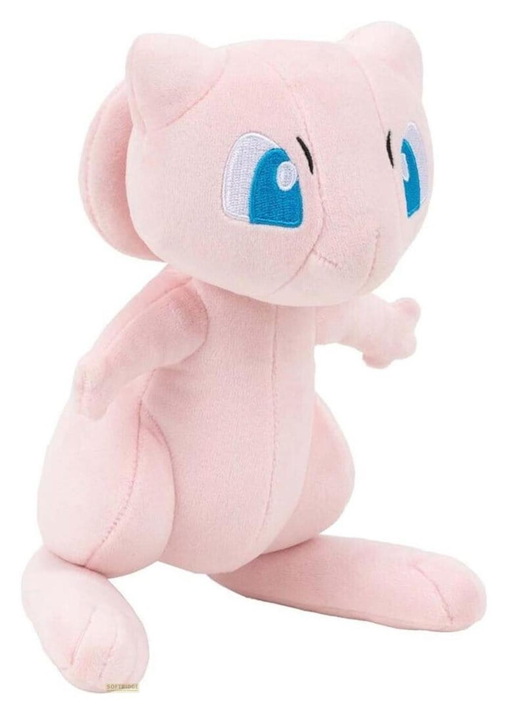 Ein rosafarbener Mew-Plüsch mit blauen Augen und Ohren auf weißem Hintergrund.