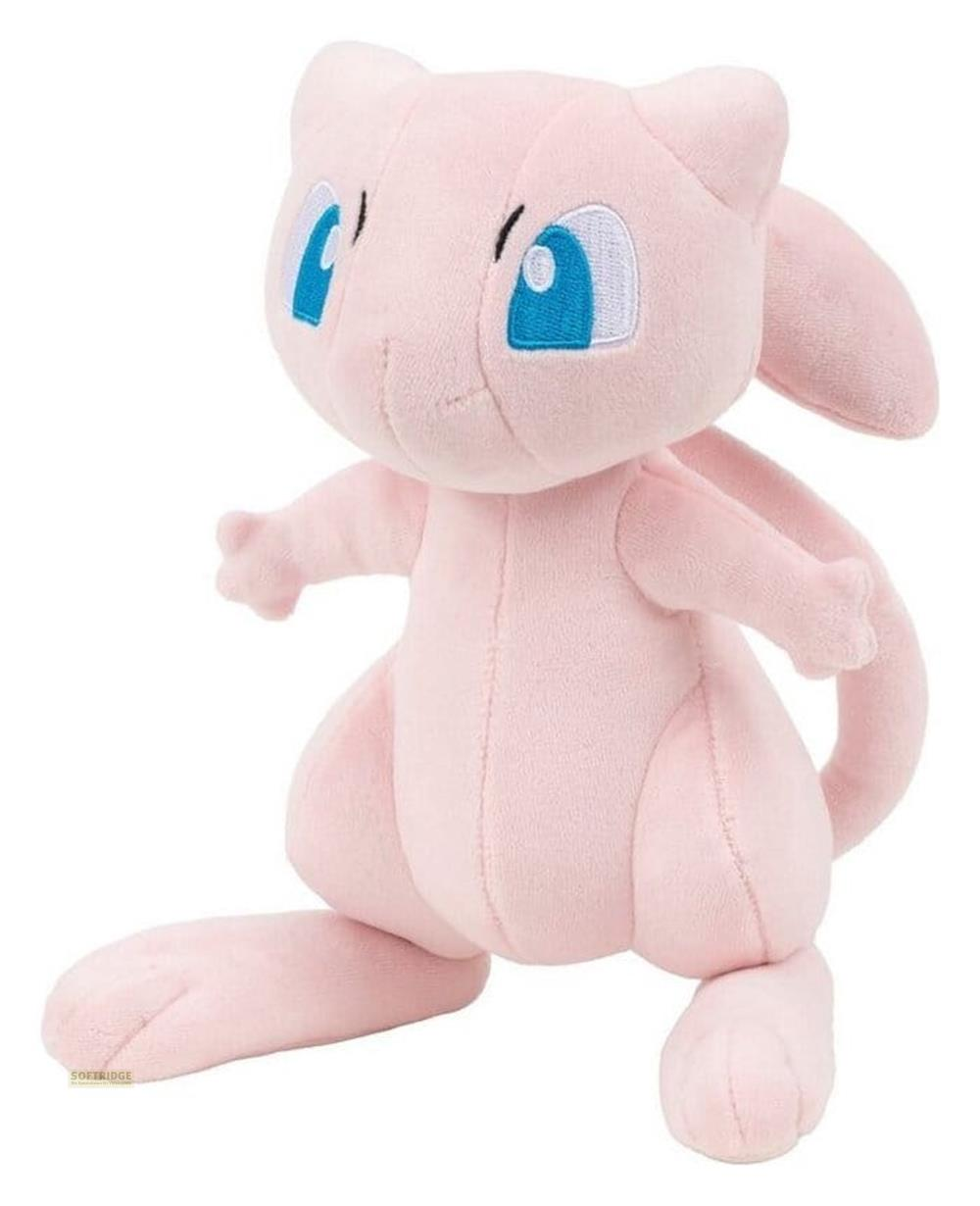 Ein rosa Plüschtier von Mew mit blauen Augen und einem Schwanz.