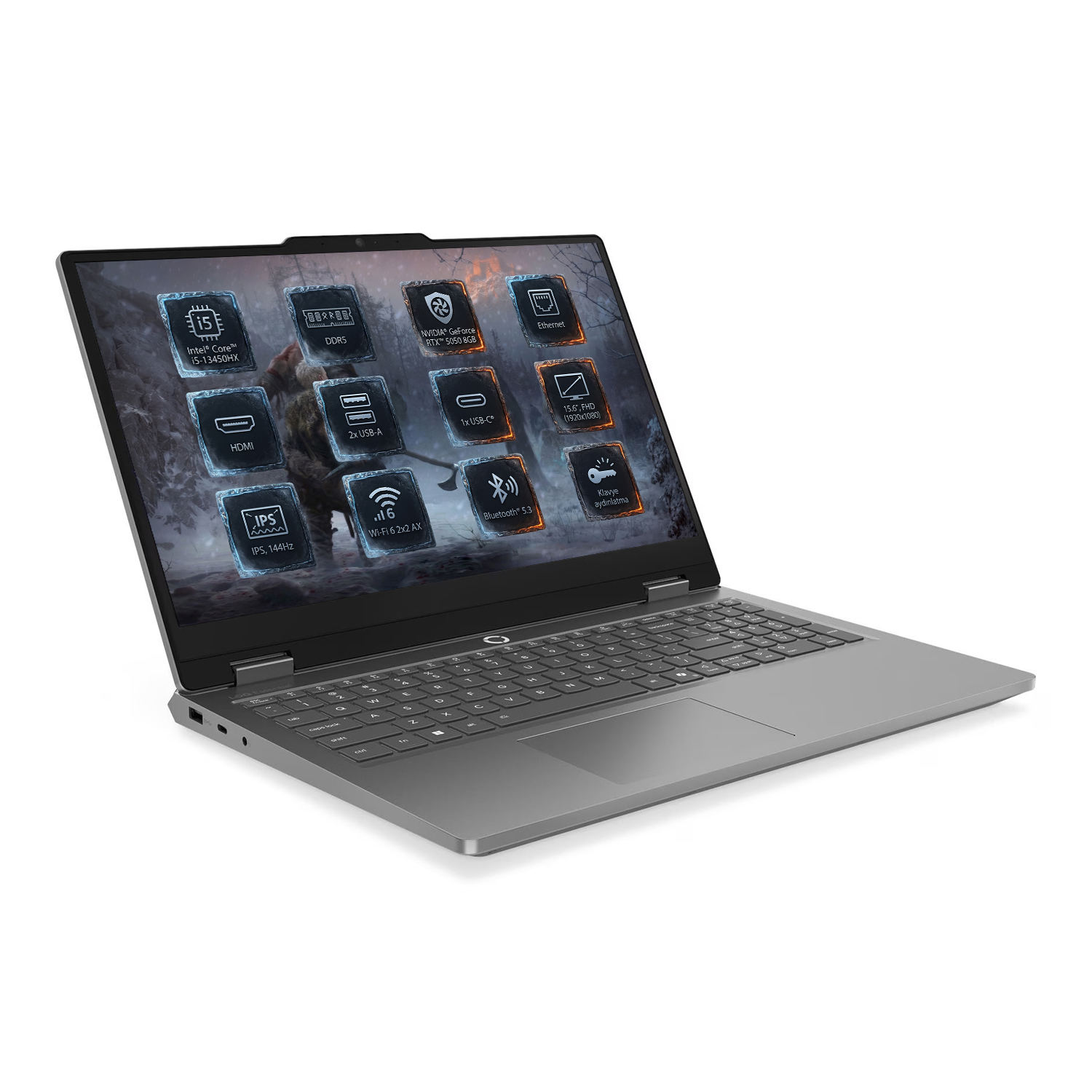 Ekranında Intel Core i5, DDR5 ve RTX 5050 gibi özellikleri gösteren gri bir dizüstü bilgisayar.