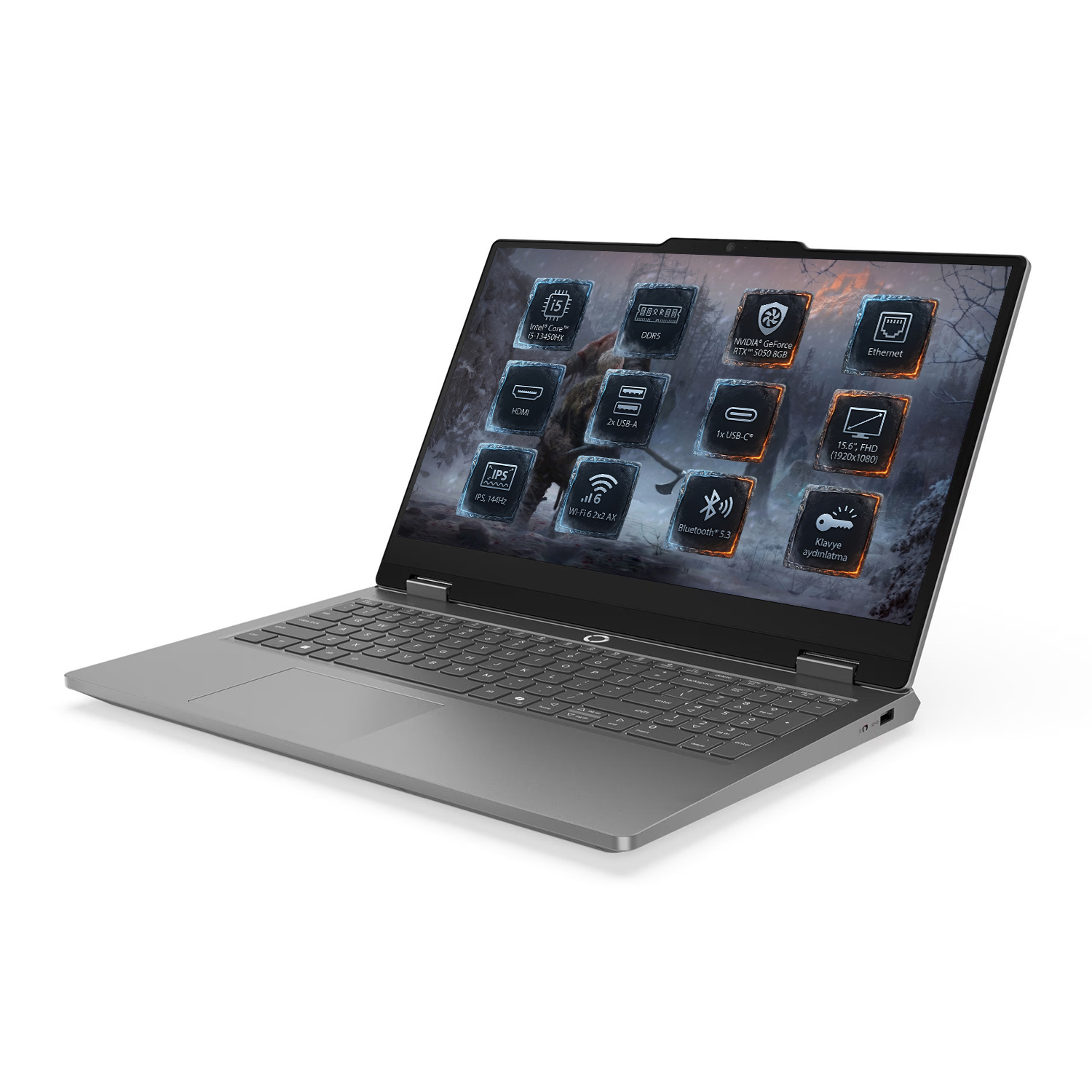 Gri dizüstü bilgisayar, ekranda özellikler: Intel Core i5, DDR5, RTX 5050, HDMI, USB bağlantı noktaları.