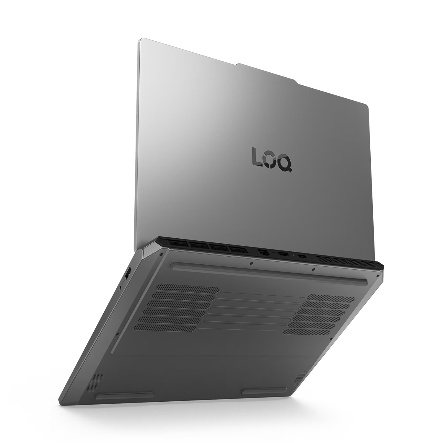 Gri laptop alttan ve arkadan görünüm, logo mevcut.