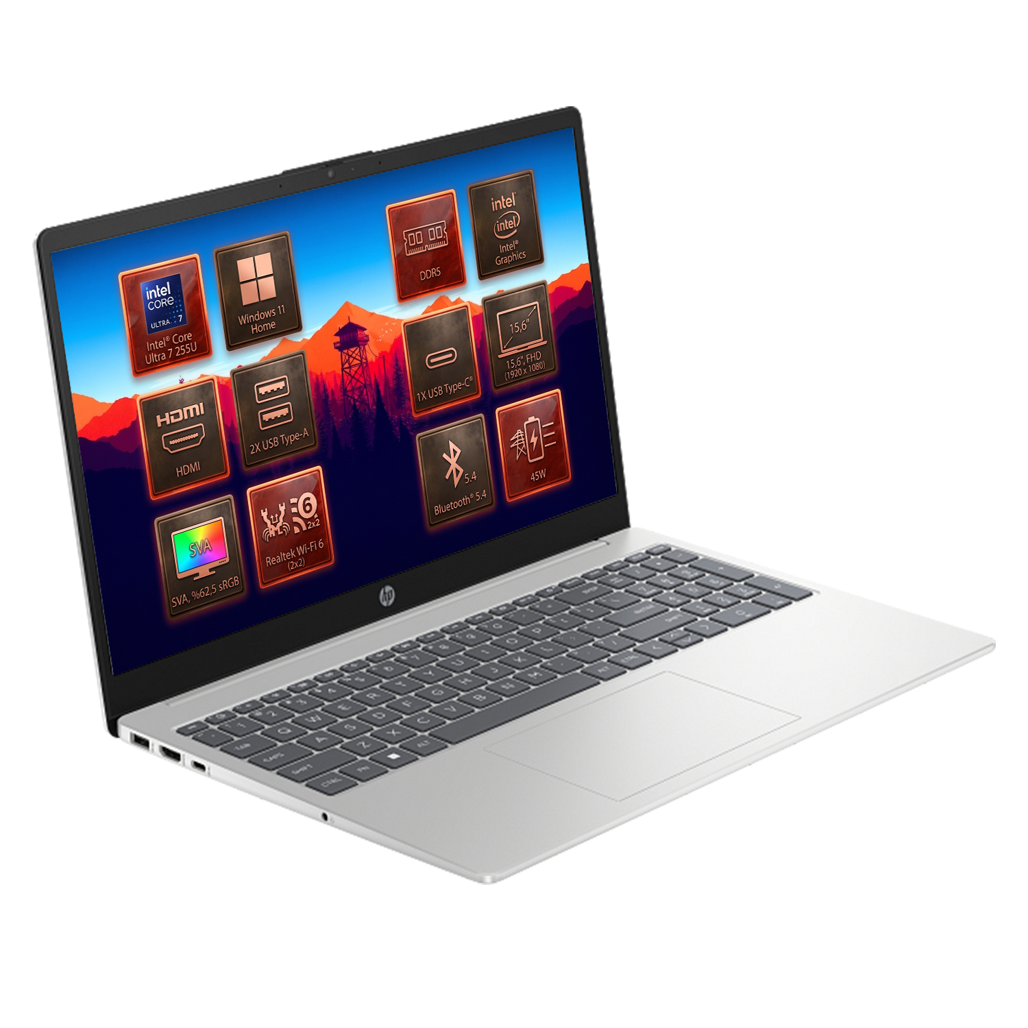 Intel Core Ultra 7 işlemcili, Windows 11'li, 15,6 inç FHD ekrana sahip gümüş renkli dizüstü bilgisayar.