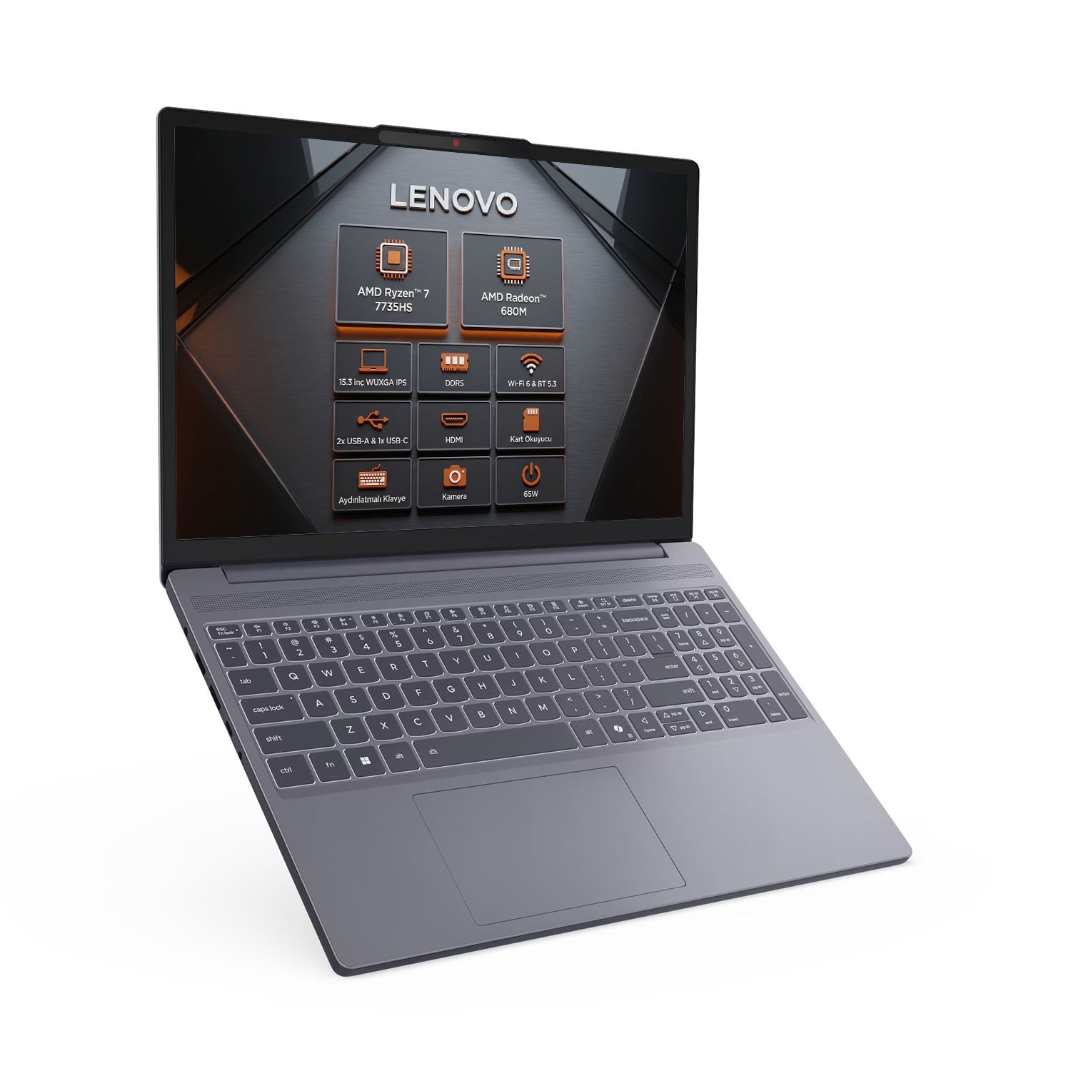 Arkadan aydınlatmalı klavyeli gri Lenovo laptop, ekran detaylı özellikler gösteriyor.