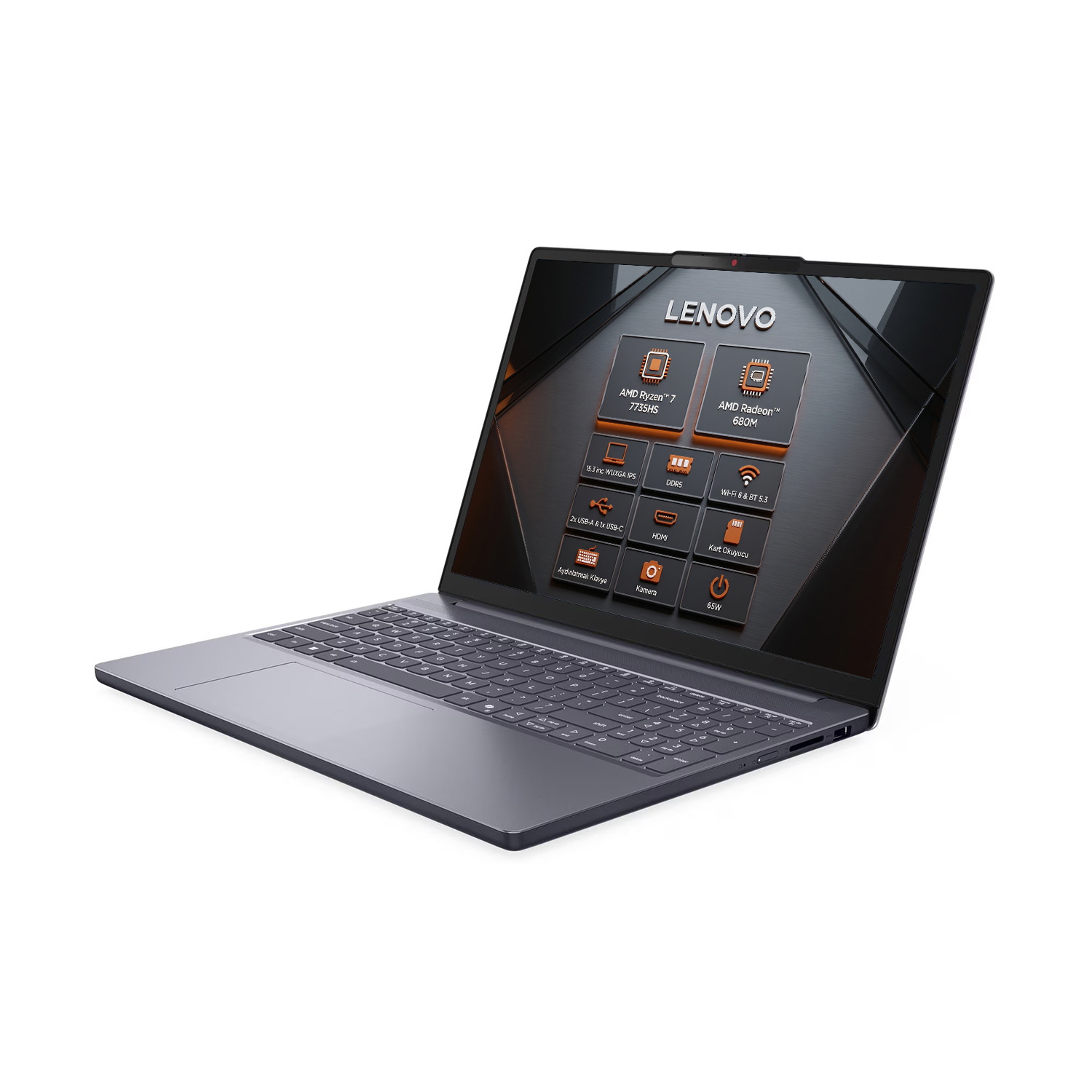 Ekranında Ryzen 7, Radeon 680M, 15,3" IPS özellikleri bulunan koyu gri Lenovo dizüstü bilgisayar.
