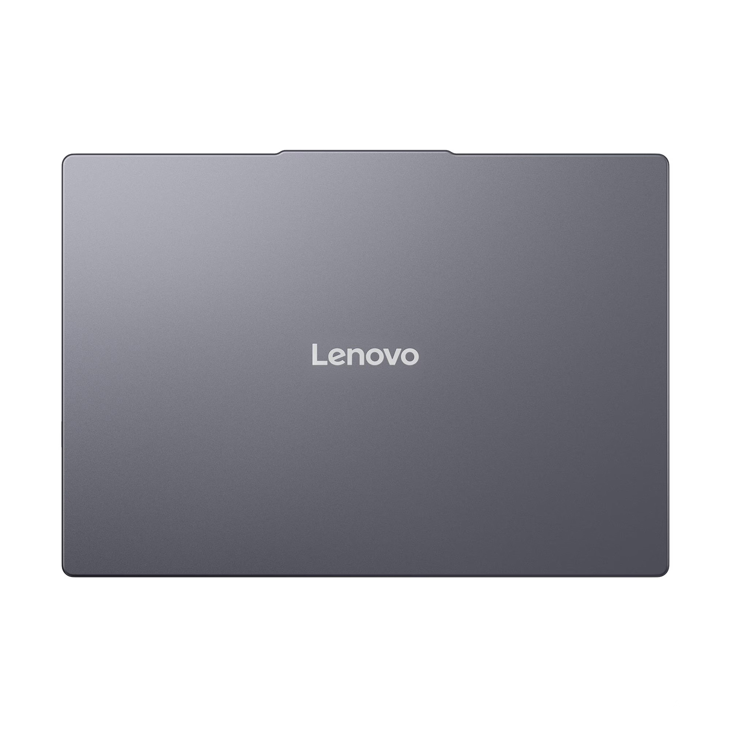 Kapalı gri Lenovo dizüstü bilgisayarın üstten görünümü. Lenovo logosu ortada.