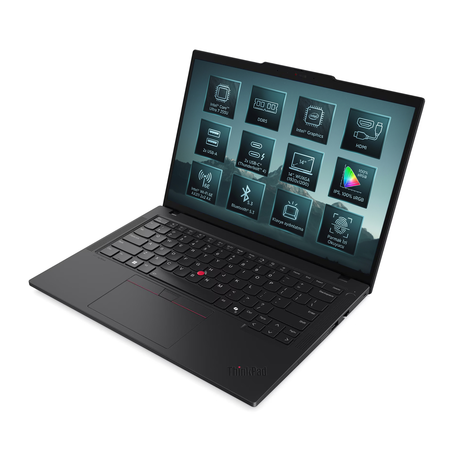Ekranında ayrıntılı teknik özelliklerin yer aldığı Intel Core Ultra 7 işlemcili siyah dizüstü bilgisayar.