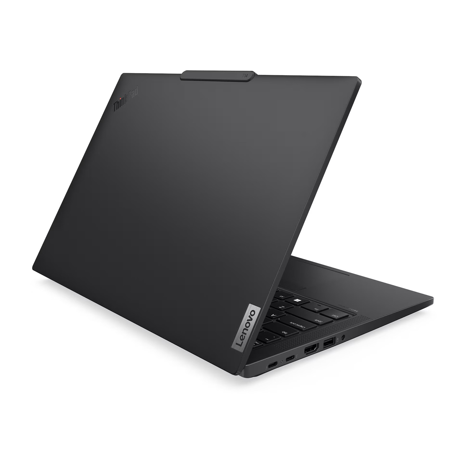 Klavye ve bağlantı noktalarını gösteren açık, siyah bir Lenovo ThinkPad dizüstü bilgisayar.