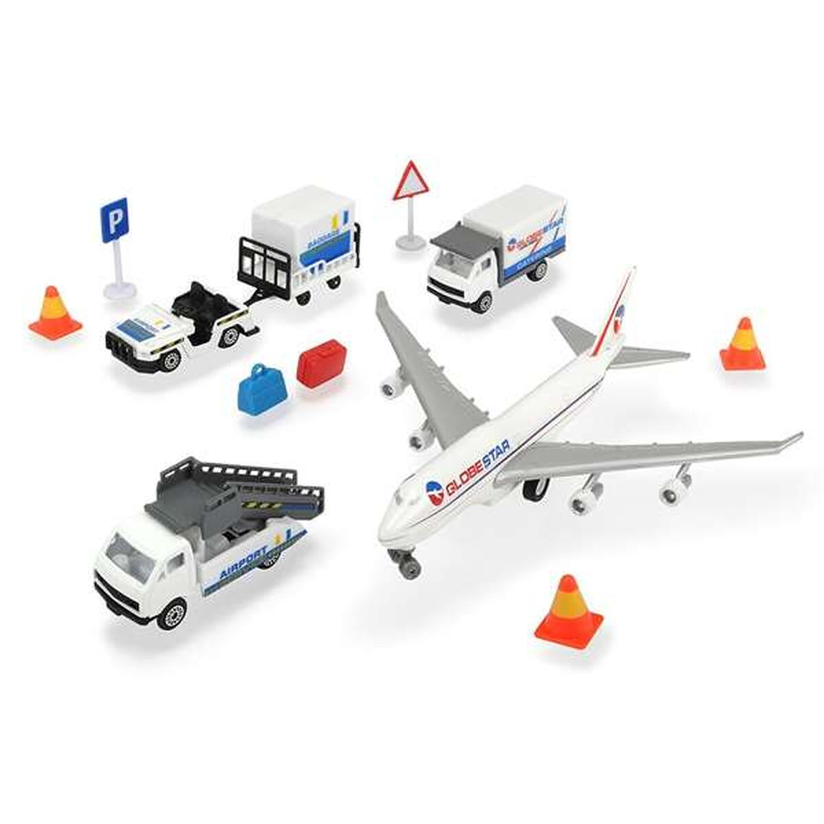 Spielzeugflugzeug mit Flughafen-Fahrzeugen und Gepäck auf weißem Hintergrund.