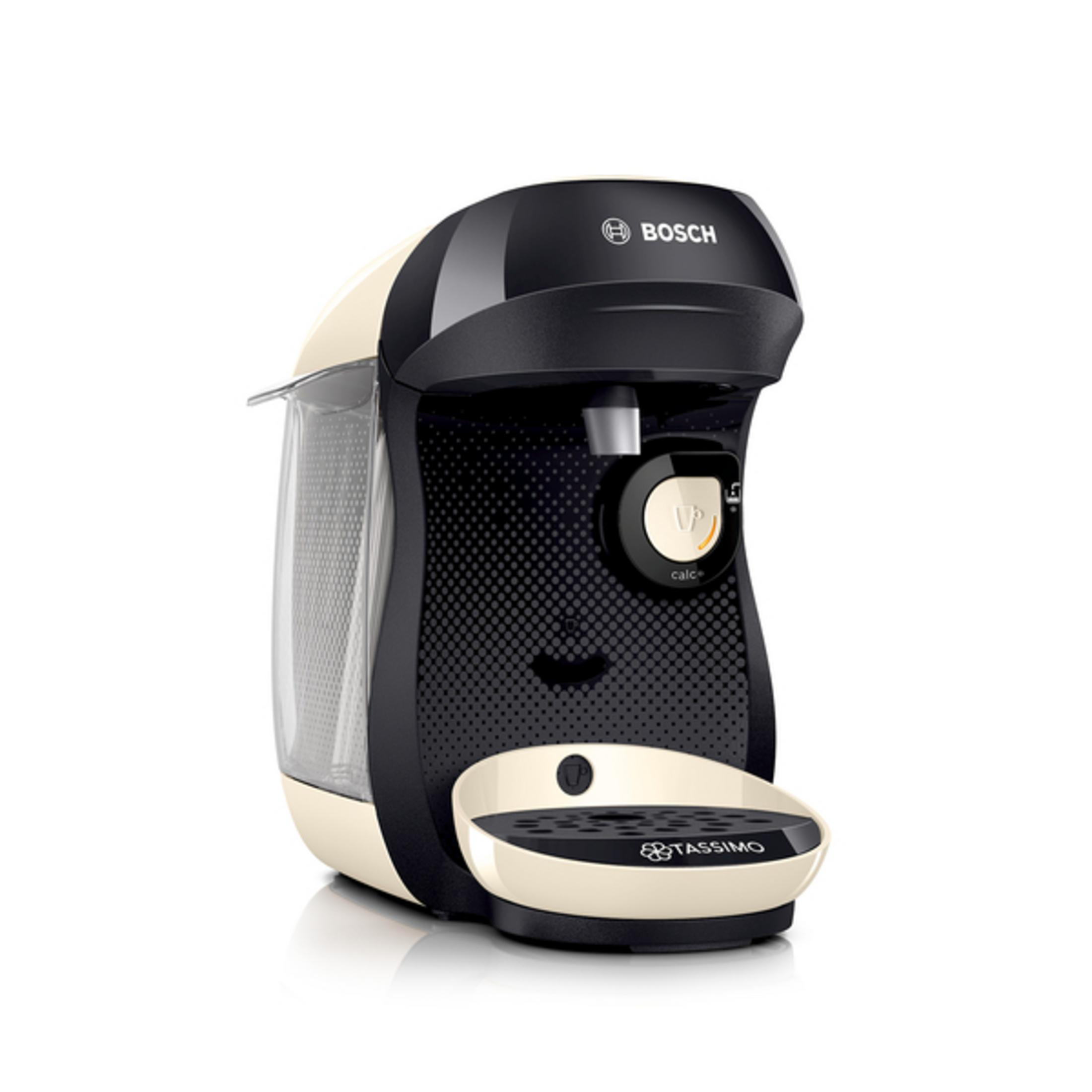 Eine cremefarbene und schwarze Bosch Tassimo Kaffeemaschine mit Wassertank.