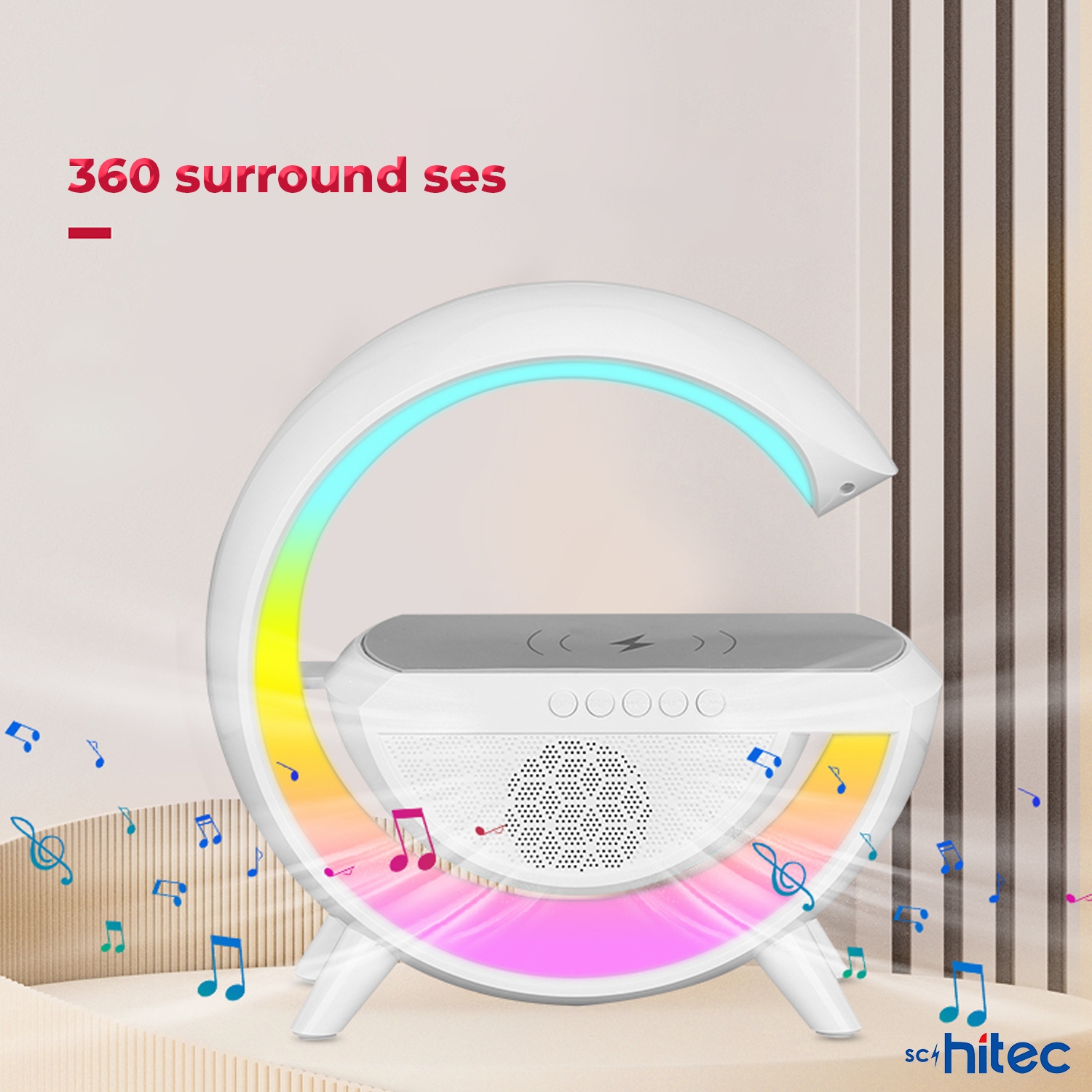Çok renkli parlayan kavisli ışık yayı olan beyaz hoparlör. Etrafında müzik notaları süzülüyor.