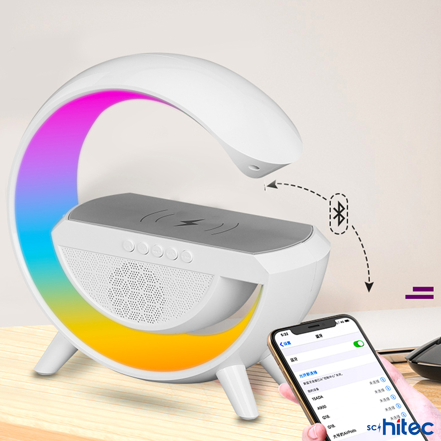 Akıllı telefona bağlı, renk geçişli ve Bluetooth hoparlörlü bir komodin lambası.