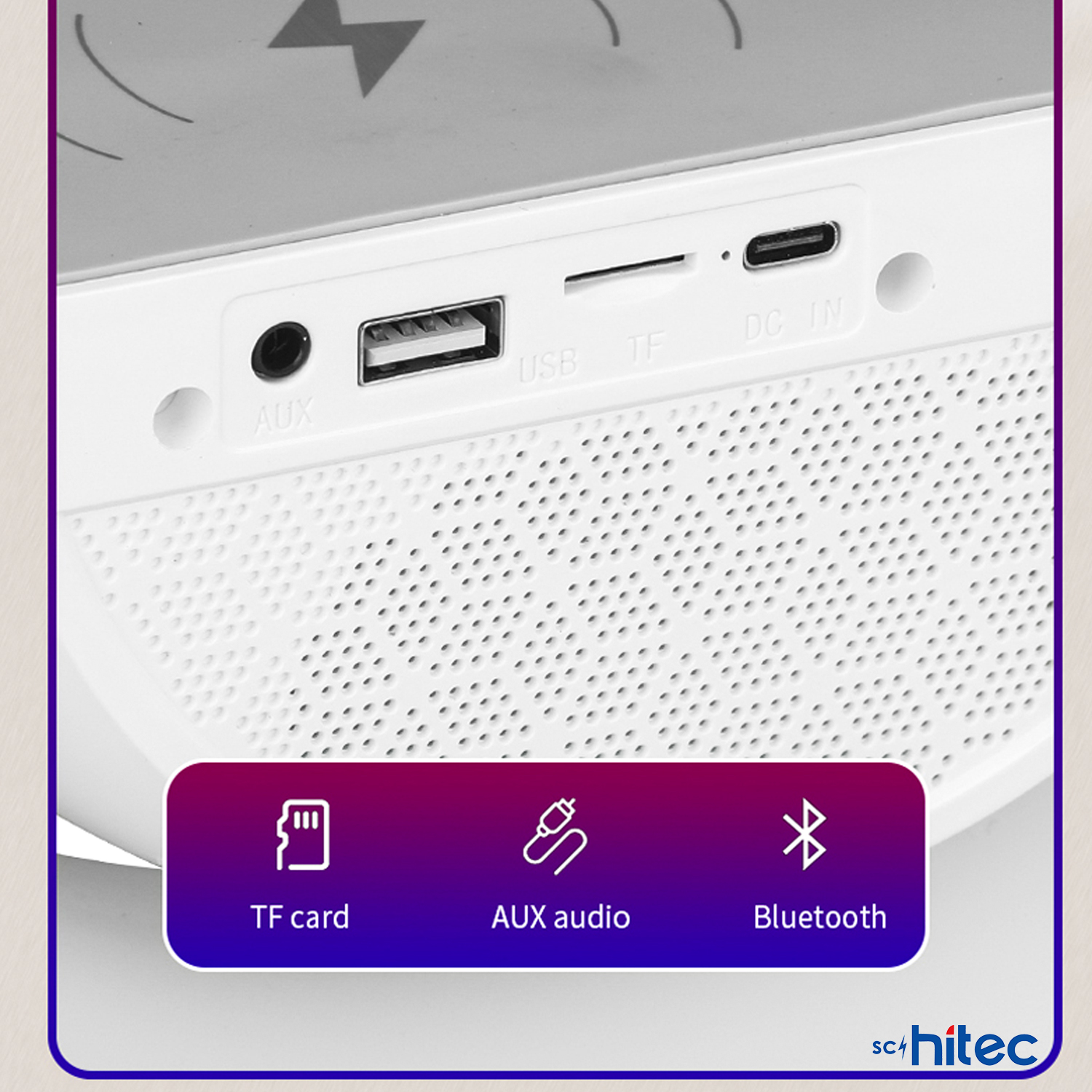 Portları gösteren beyaz cihaz: AUX, USB, TF, DC IN ve Bluetooth sembolü.