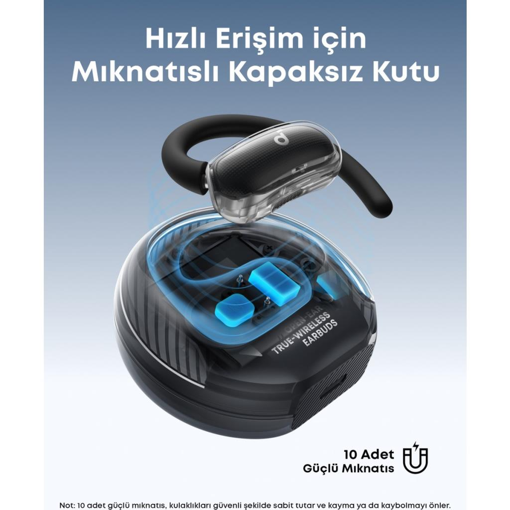 Custodia di ricarica nera con coperchio trasparente per auricolari wireless.